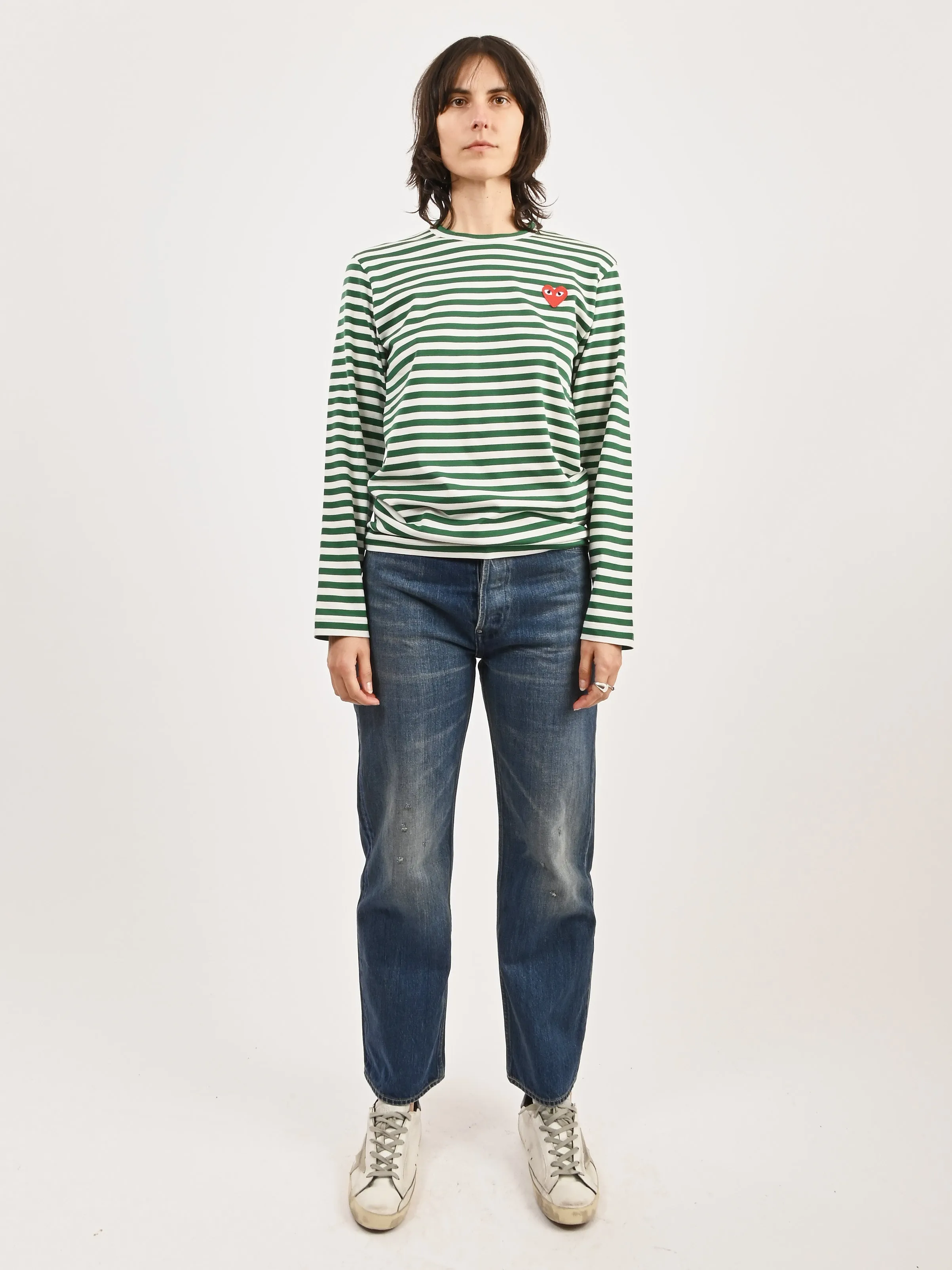 Green/White Red Heart Play Striped T-Shirt sold by Frances May Houseline