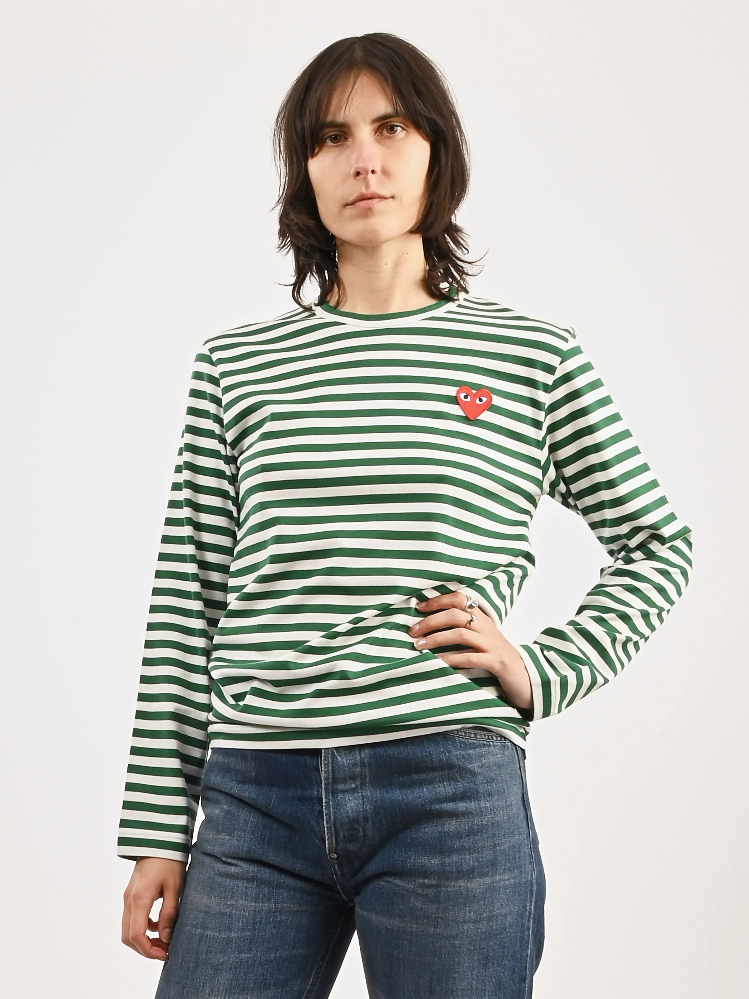 Green/White Red Heart Play Striped T-Shirt sold by Frances May Houseline product image thumbnail 2