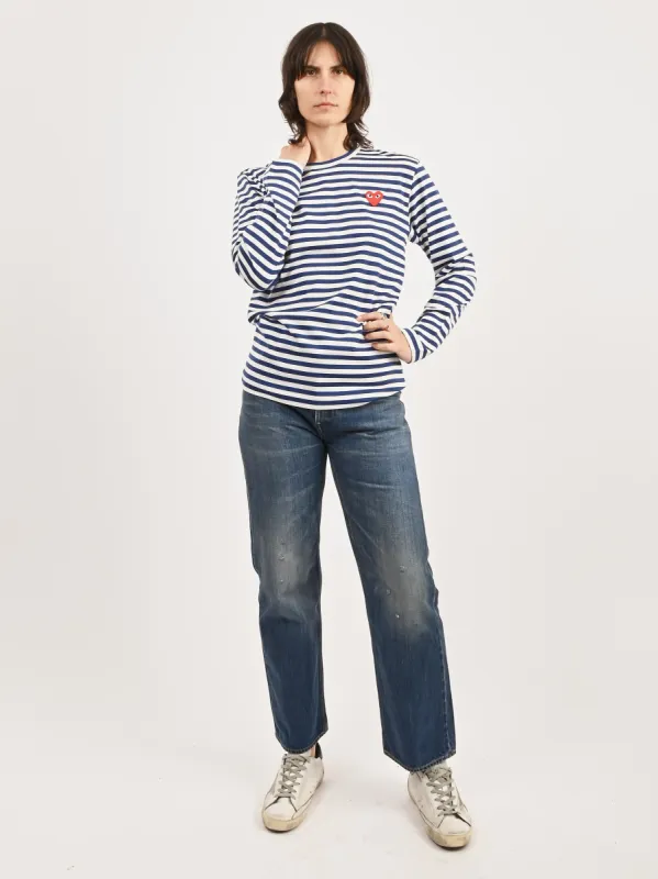 Blue/White Red Heart Play Striped T-Shirt sold by Frances May Houseline