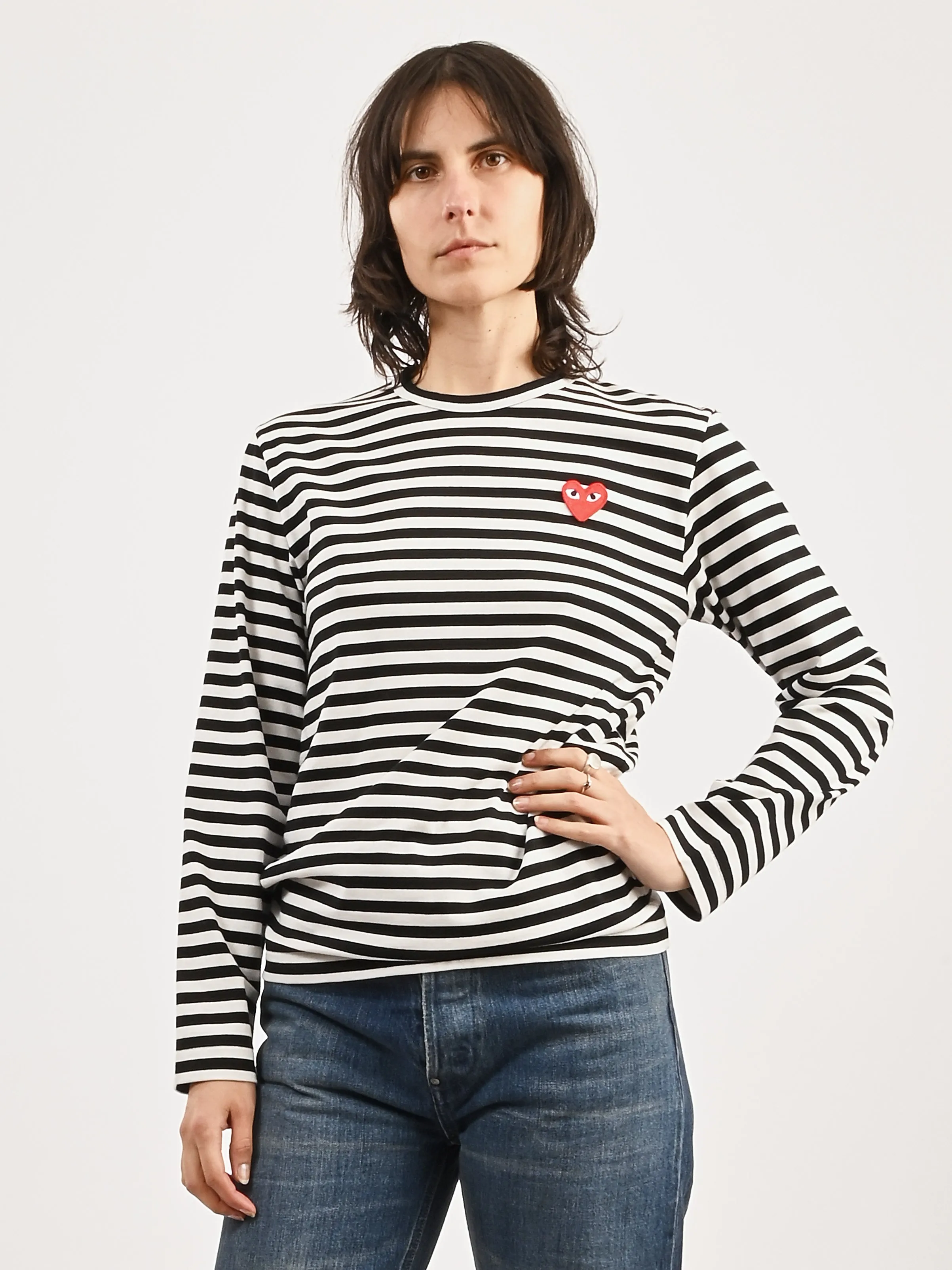Black/White Red Heart Play Striped T-Shirt sold by Frances May Houseline product image thumbnail 2