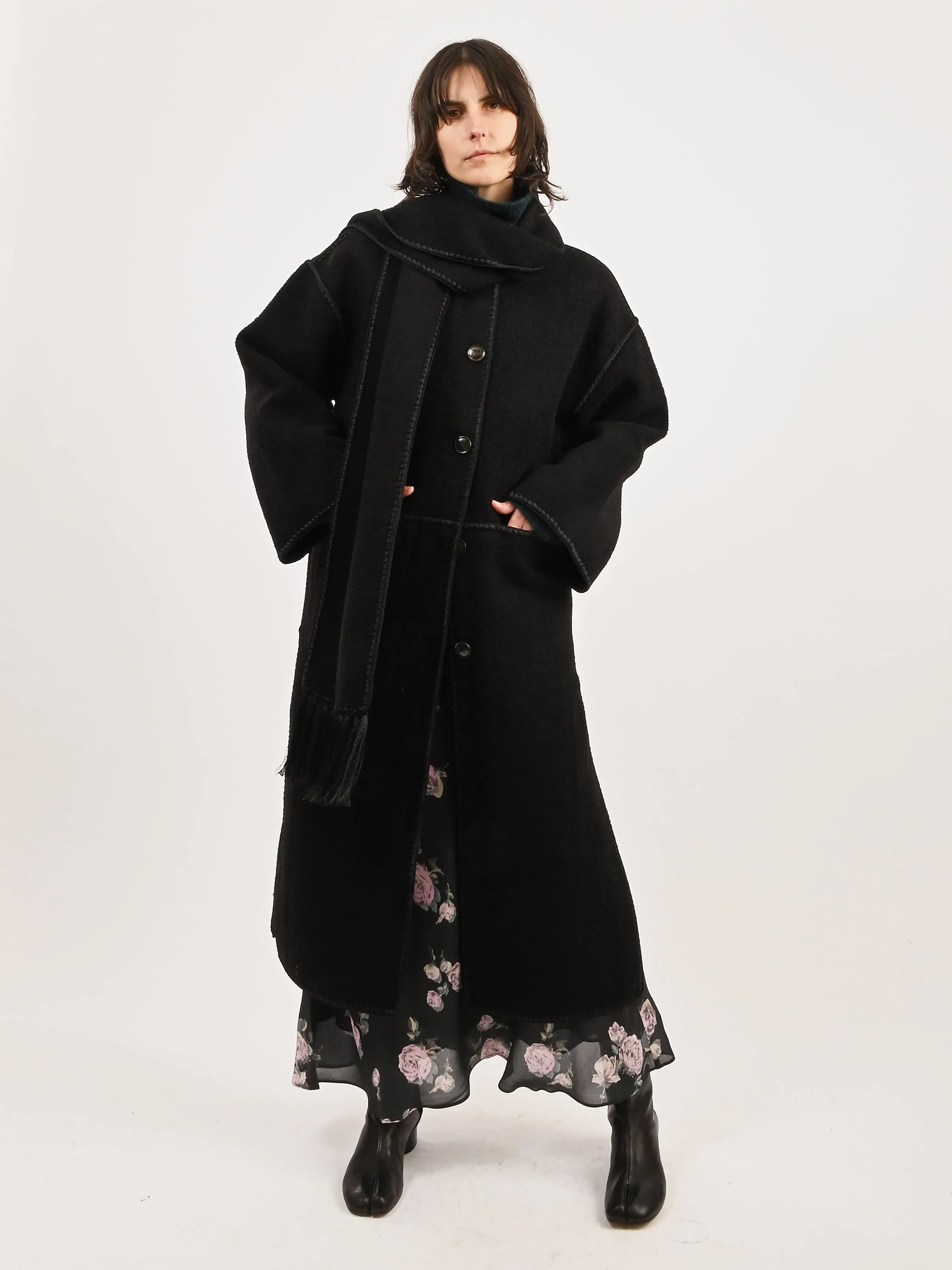 Black Embroidered Scarf Coat sold by Frances May Houseline