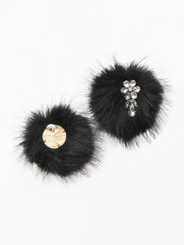 Black/Crystal Flower Pompom Earrings made by Simone Rocha