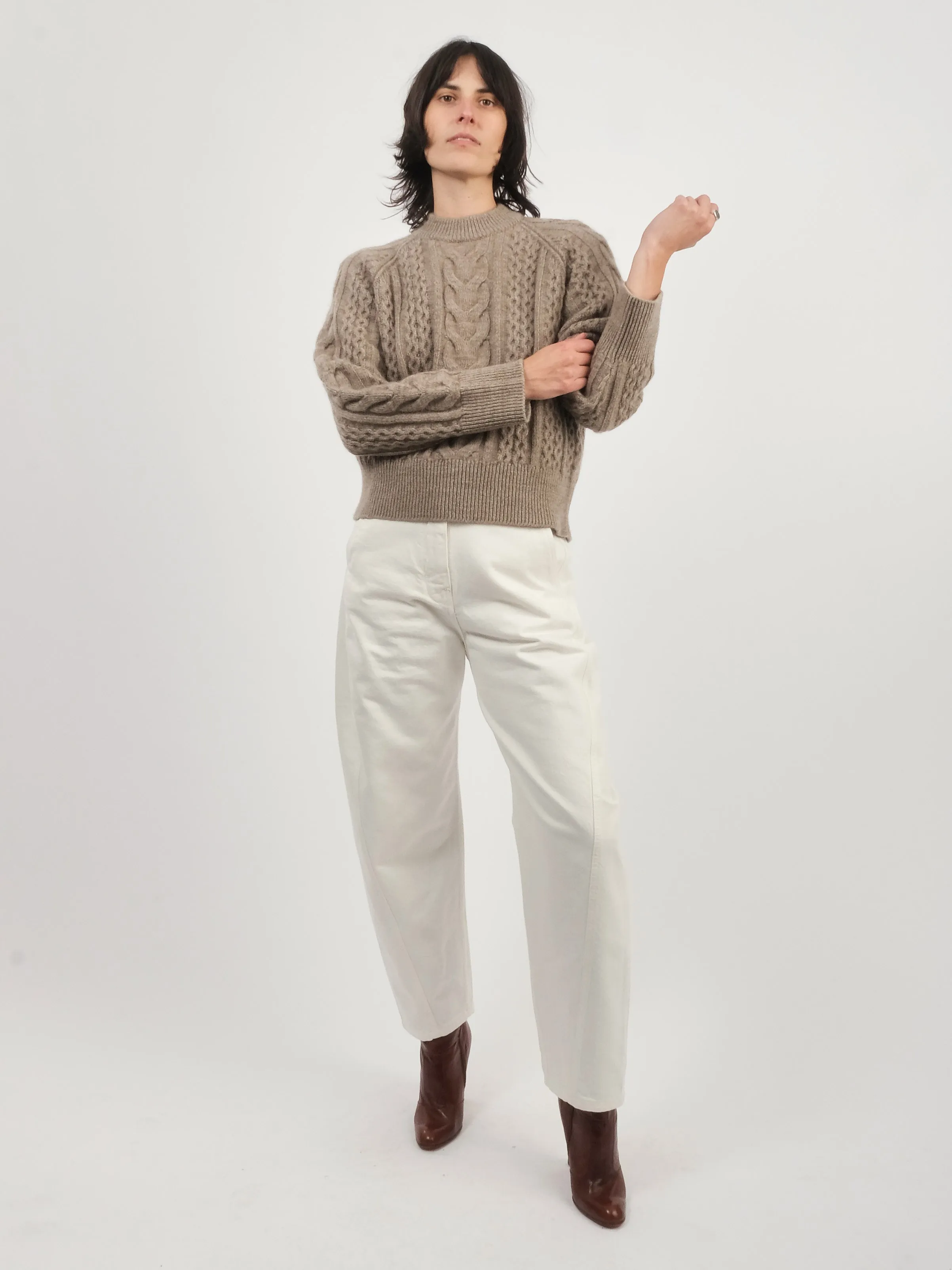 Oatmeal Molve Cable Knit Crew Neck sold by Frances May Houseline