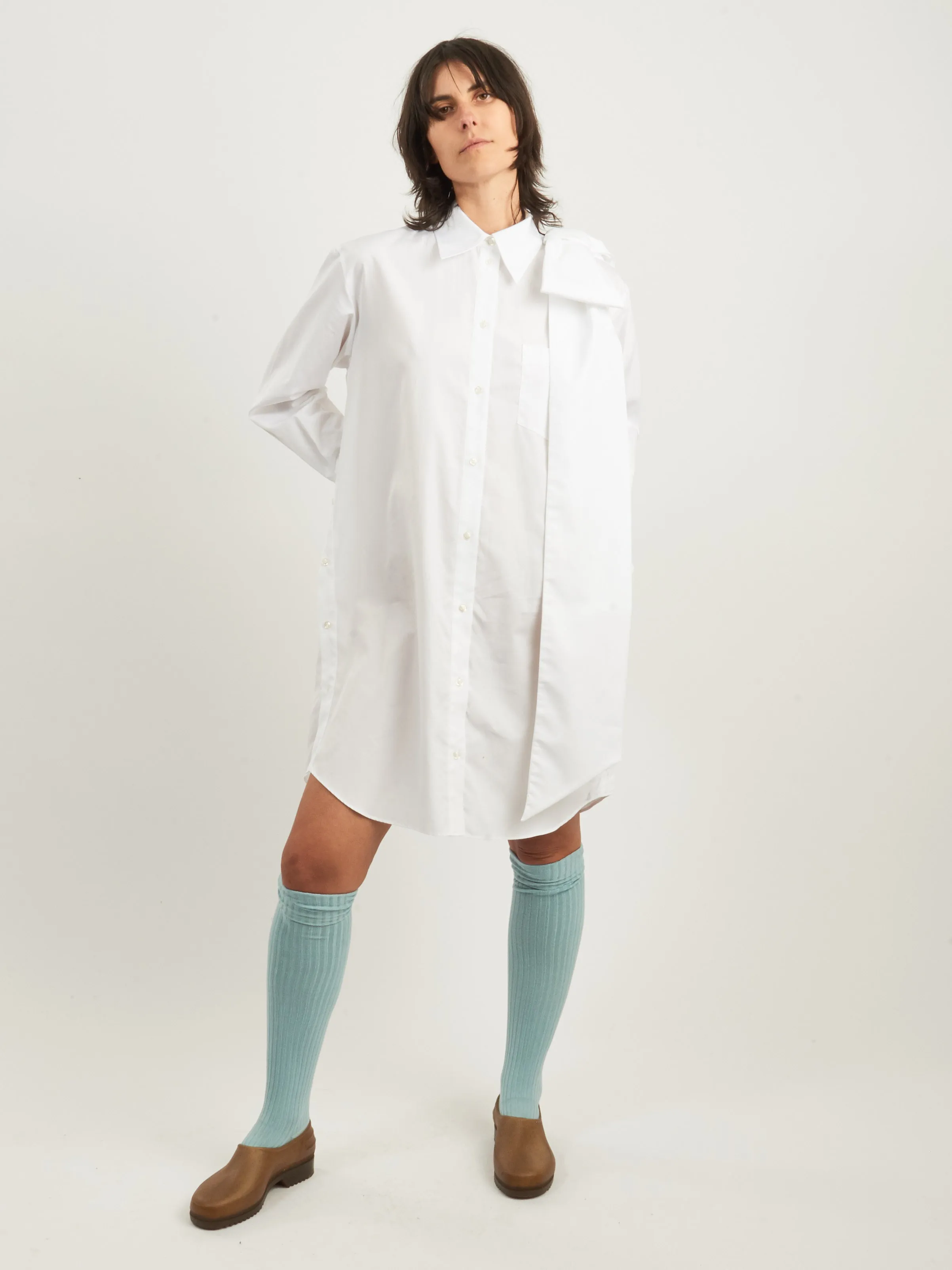 White Long Shoulder Bow Masculine Button Placket Shirt sold by Frances May Houseline