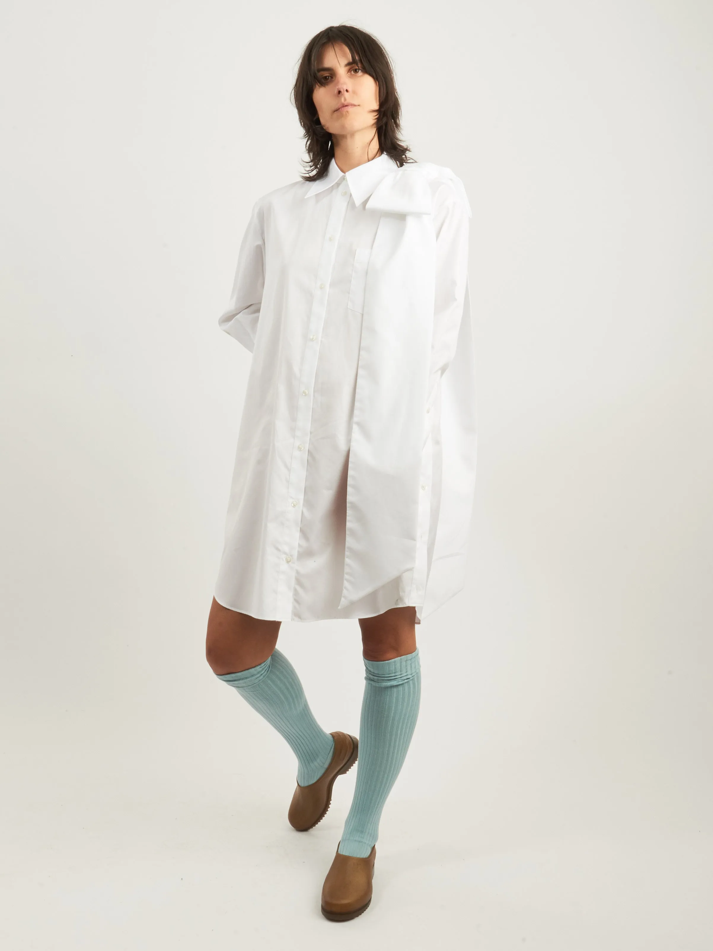 White Long Shoulder Bow Masculine Button Placket Shirt sold by Frances May Houseline product image thumbnail 2