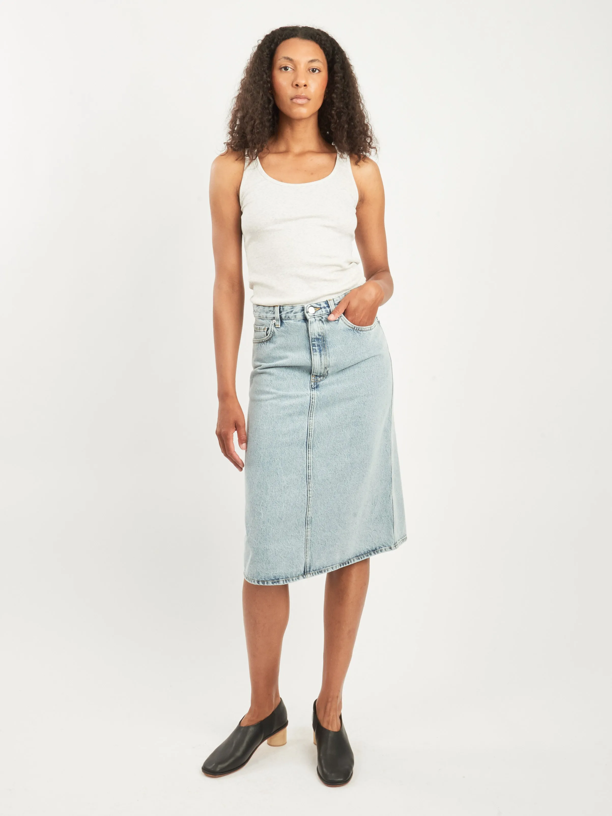 Cool Blue Denim Midi Skirt sold by Frances May Houseline