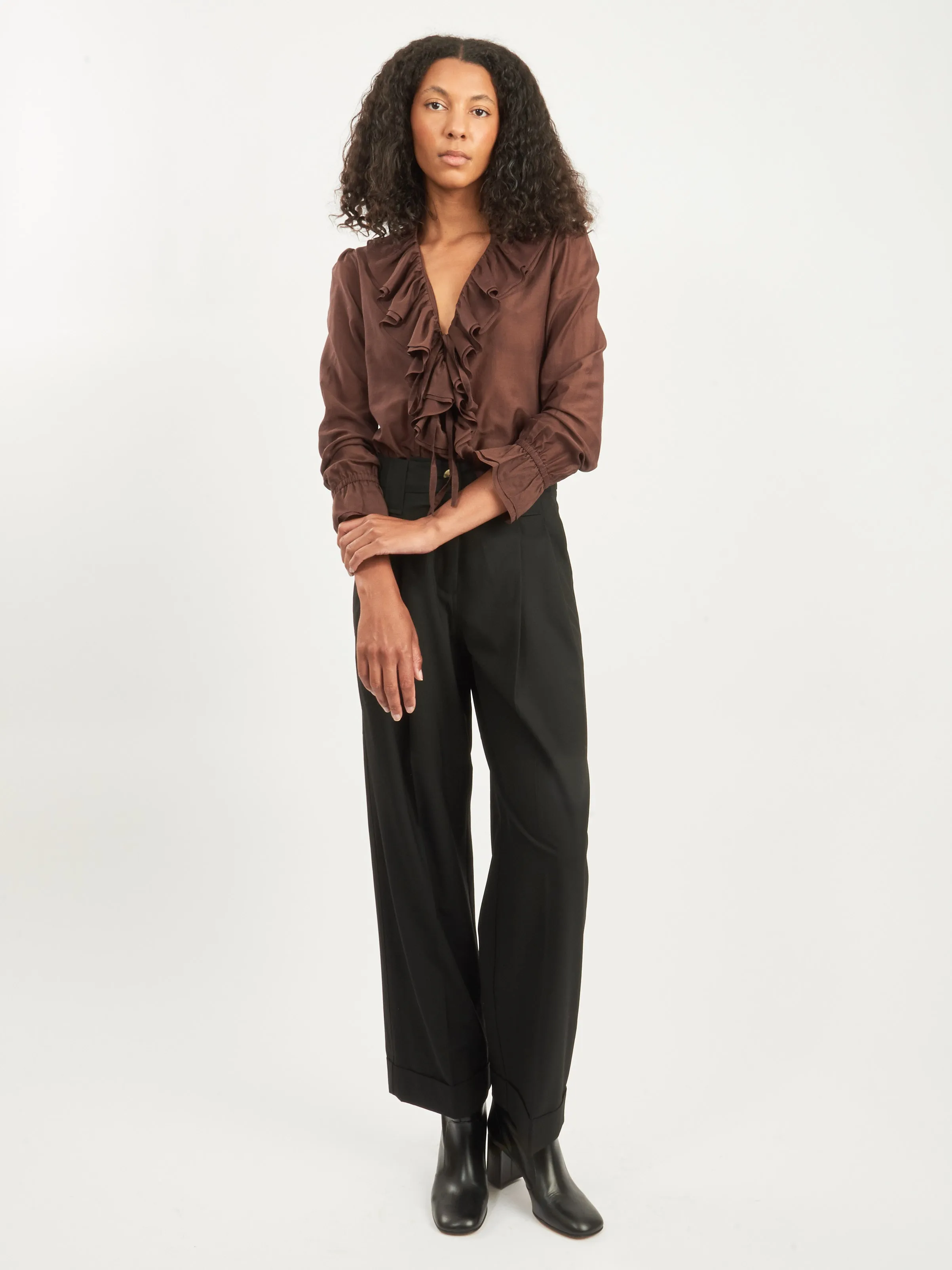 Brown Heartwood Flounce Blouse sold by Frances May Houseline