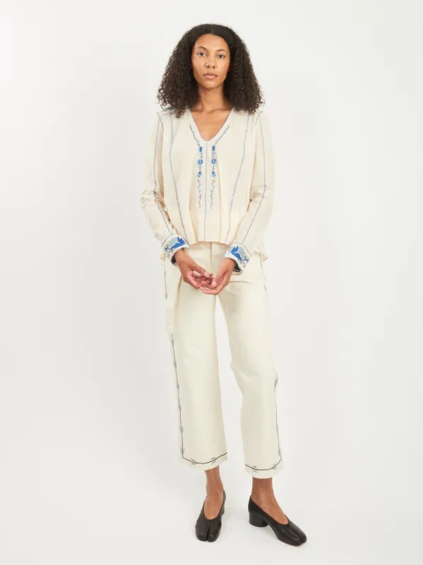 Blue/Cream Embroidered Cornflower Top sold by Frances May Houseline