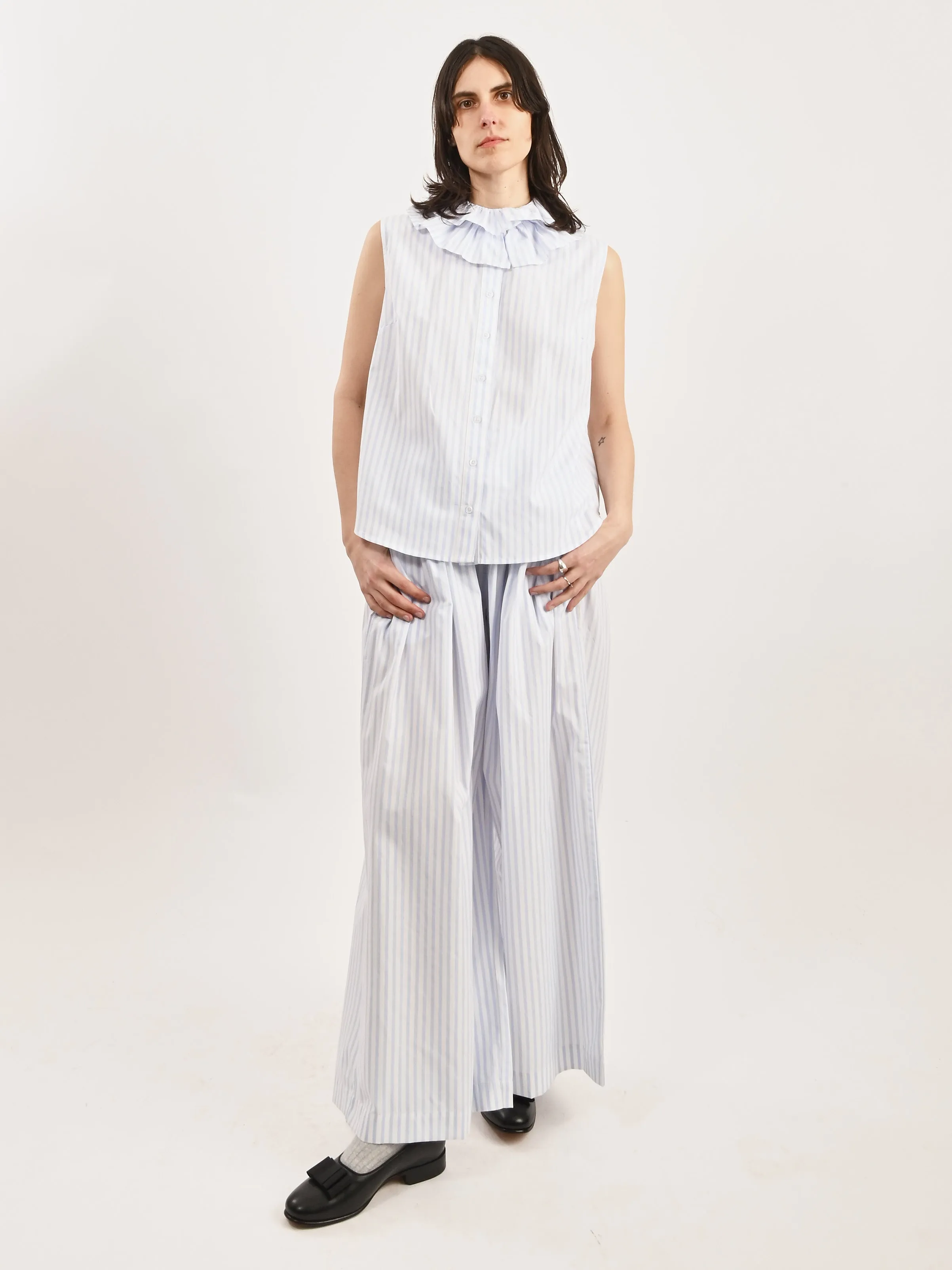 Blue Stripe Apollo Sleeveless Bouse sold by Frances May Houseline