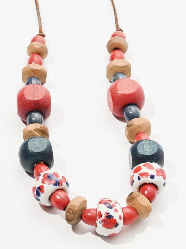 Red/White/Blue Folk Beaded Necklace made by Frances May Houseline