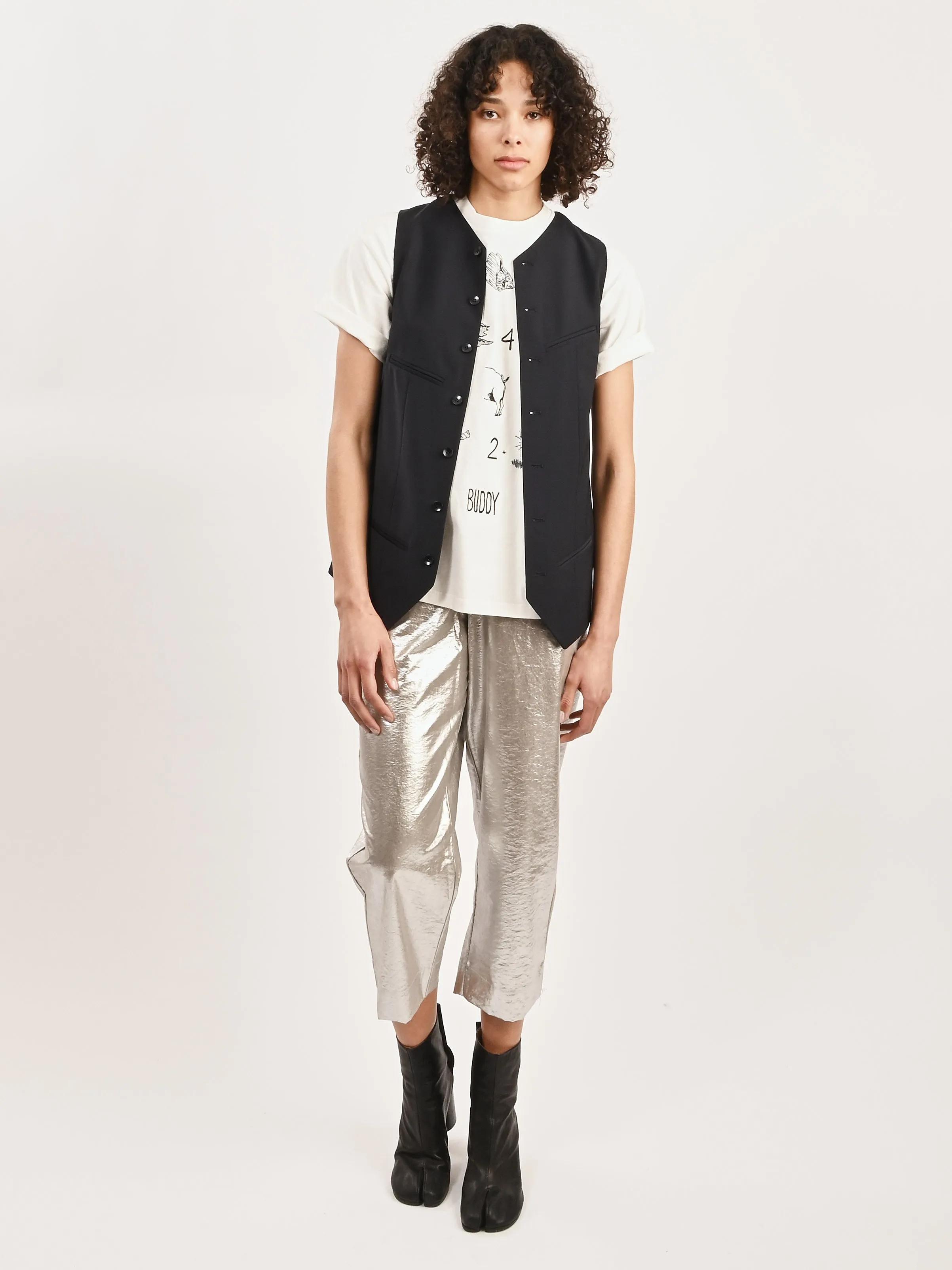 Navy Tropical Wool Easy Vest sold by Frances May Houseline