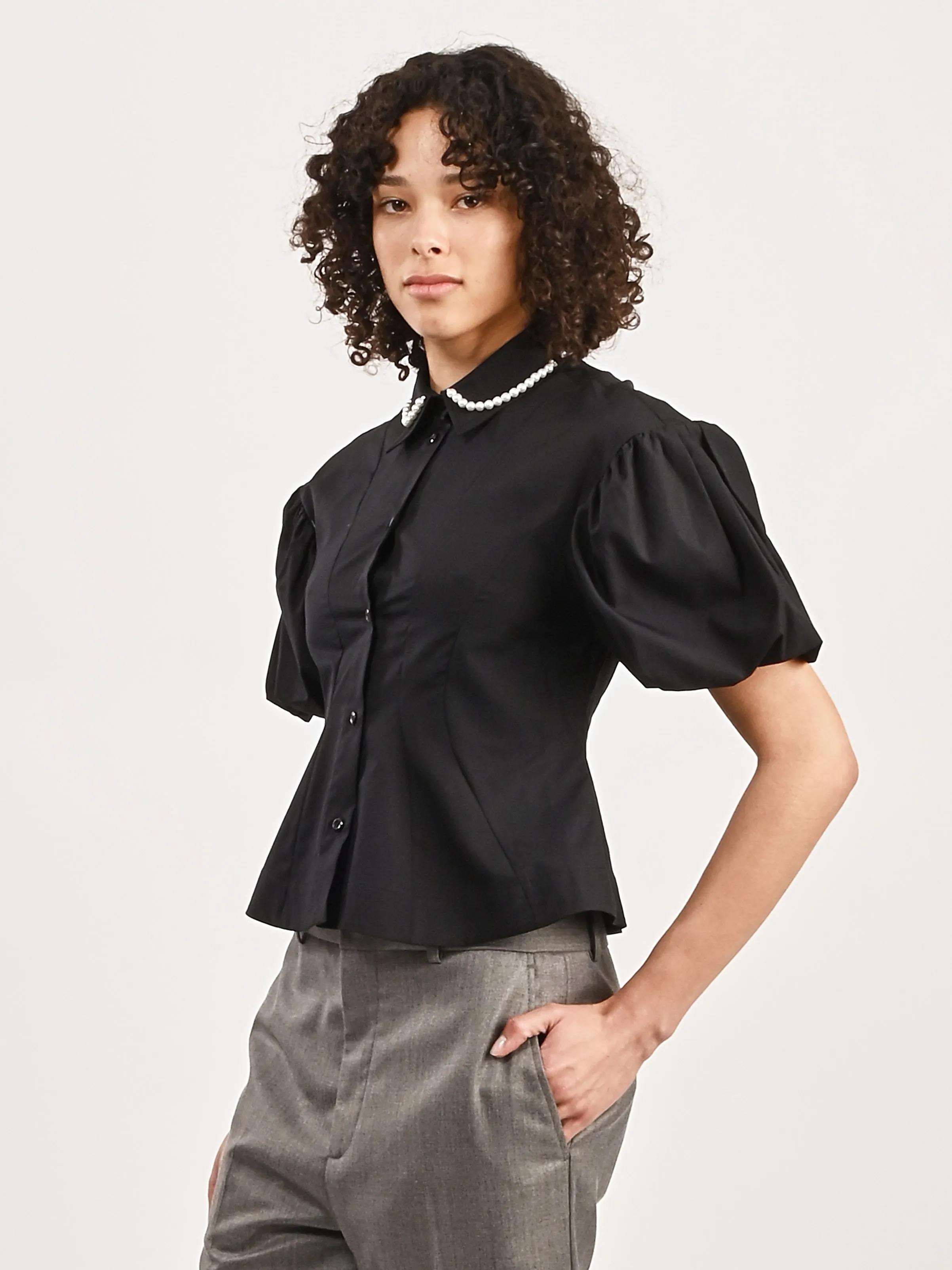 Black/Pearl Cropped Ruffle Puff Sleeve Shirt w/ Emb sold by Frances May Houseline product image thumbnail 2