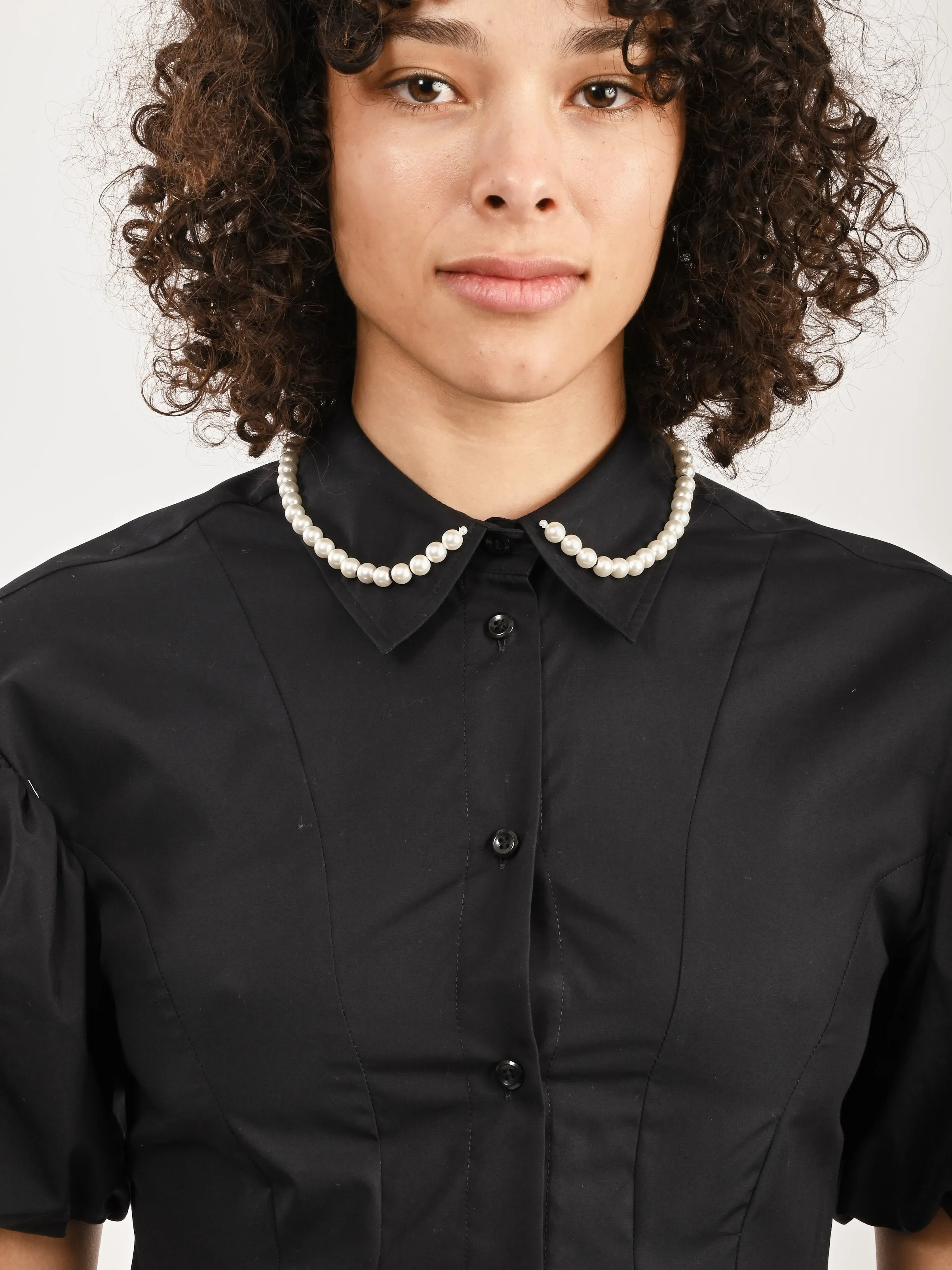 Black/Pearl Cropped Ruffle Puff Sleeve Shirt w/ Emb sold by Frances May Houseline product image thumbnail 3