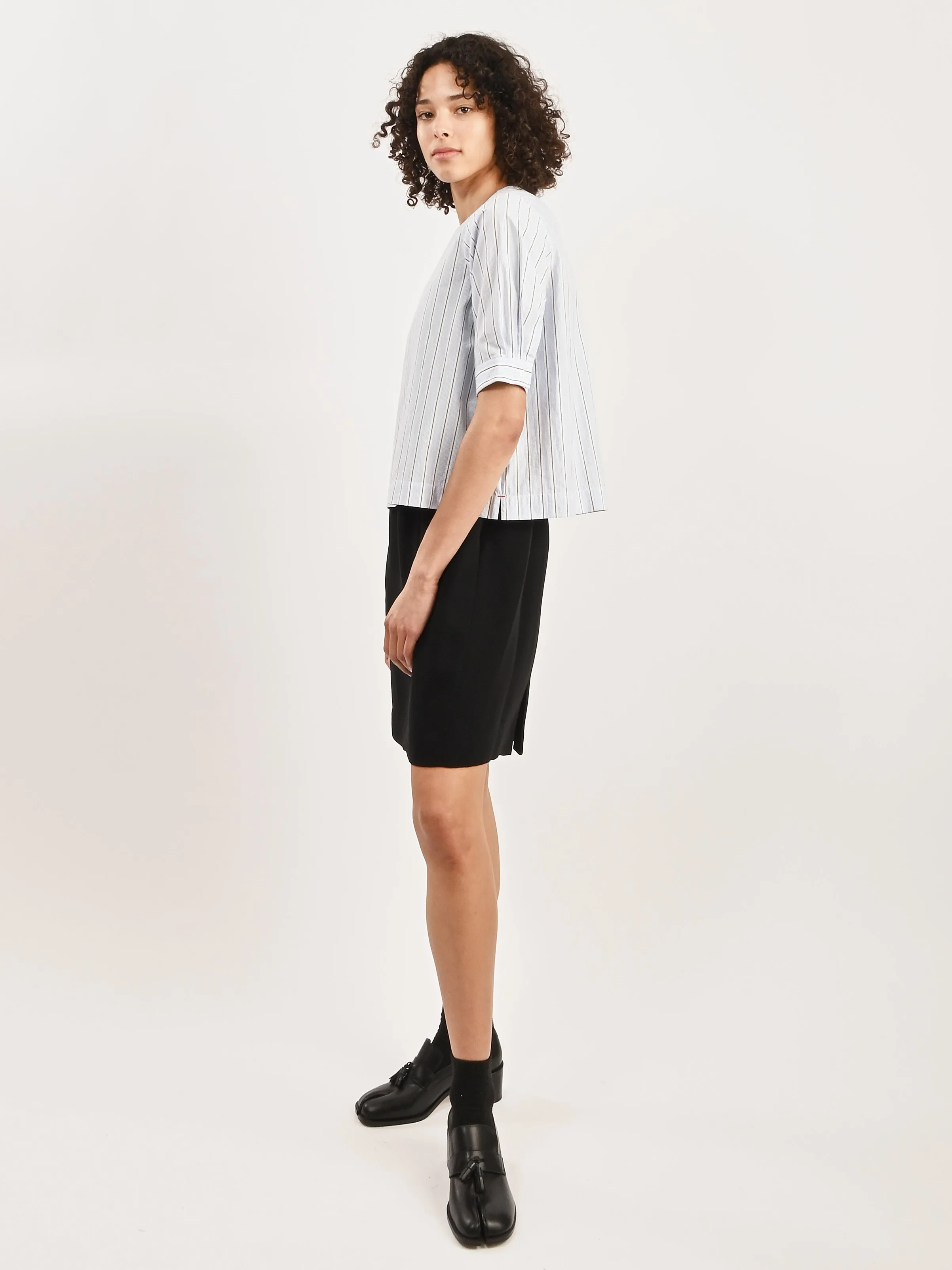 Blue/Black Stripe Jeanne Blouse sold by Frances May Houseline