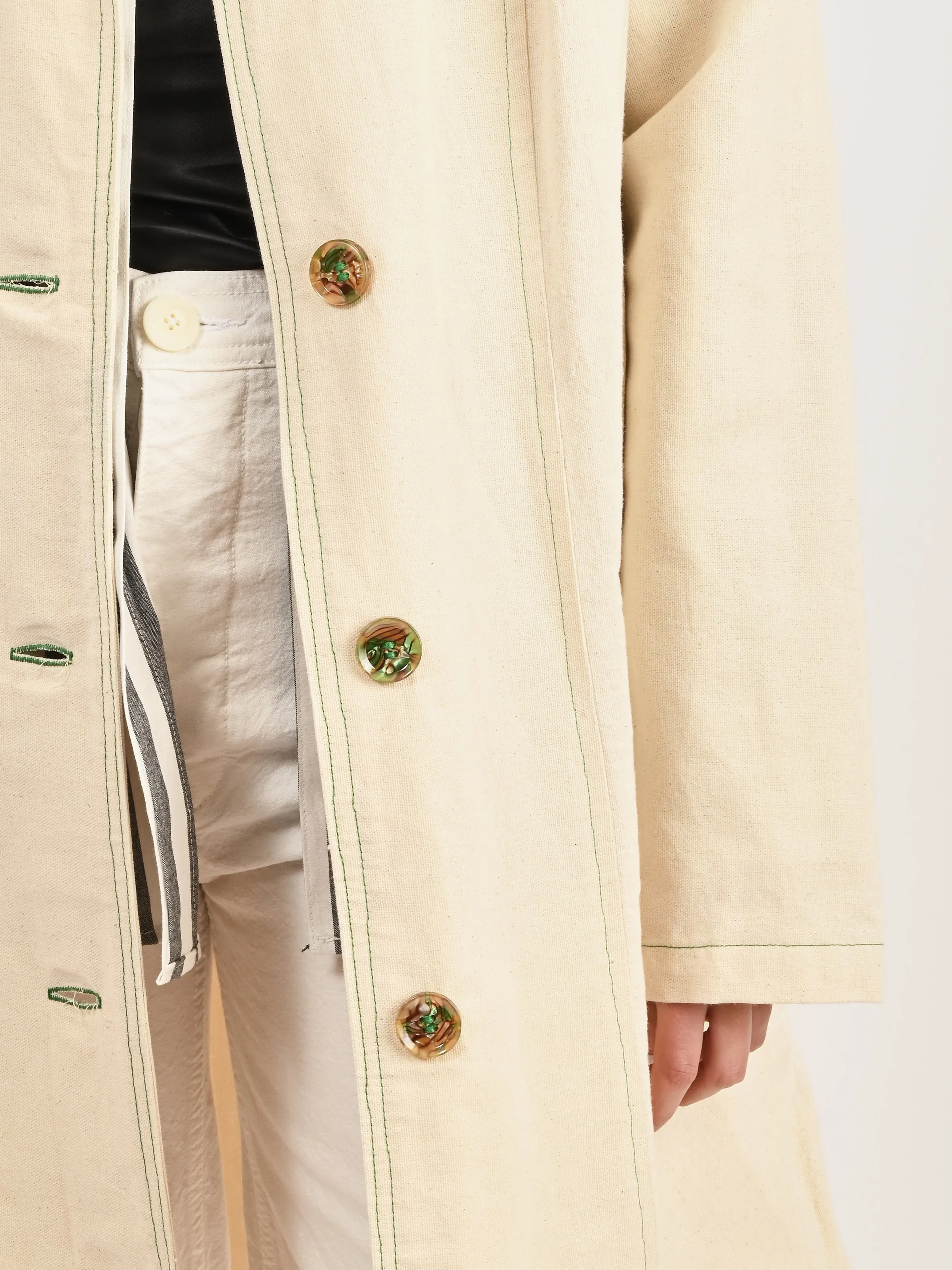 Cream Canvas Trench Coat w/ Green Topstitching sold by Frances May Houseline product image thumbnail 4