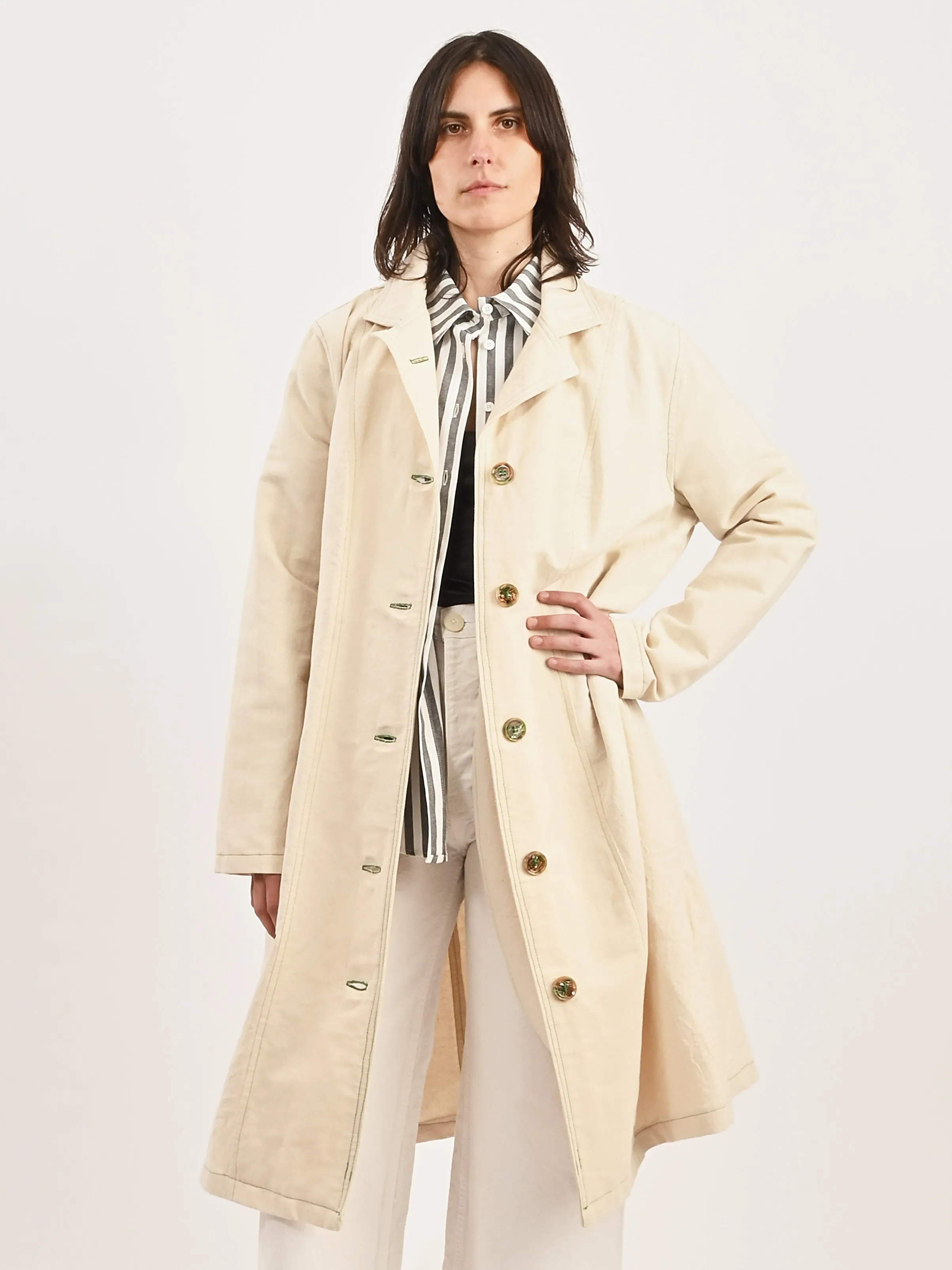 Cream Canvas Trench Coat w/ Green Topstitching sold by Frances May Houseline product image thumbnail 2