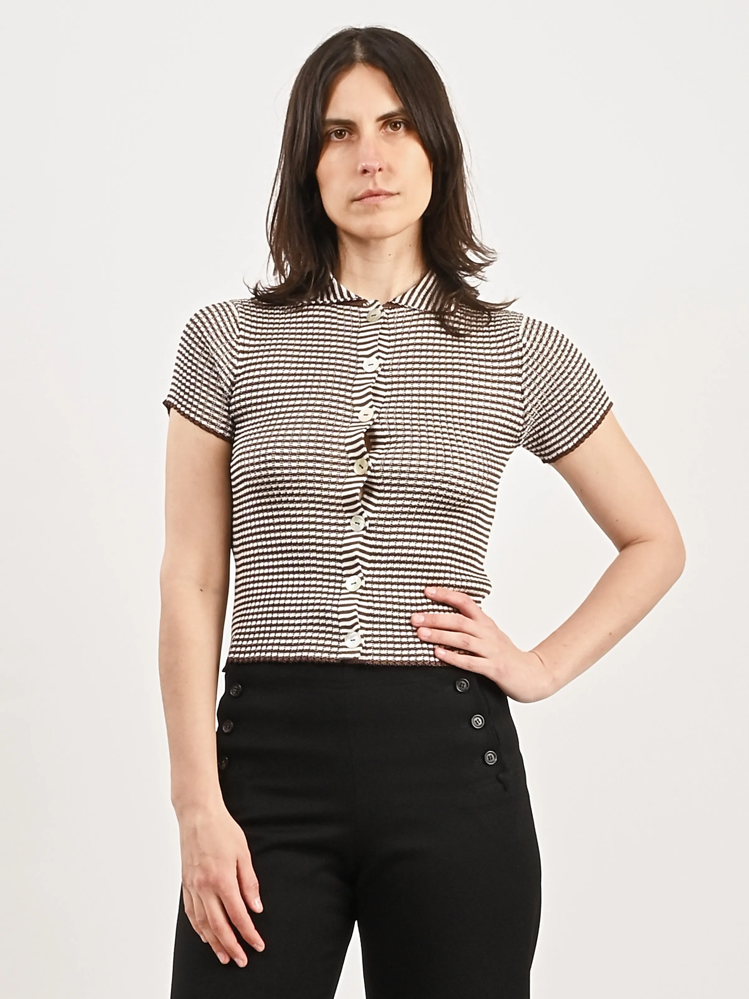 Chocolate Micro Stripe S/S Cardigan sold by Frances May Houseline product image thumbnail 2