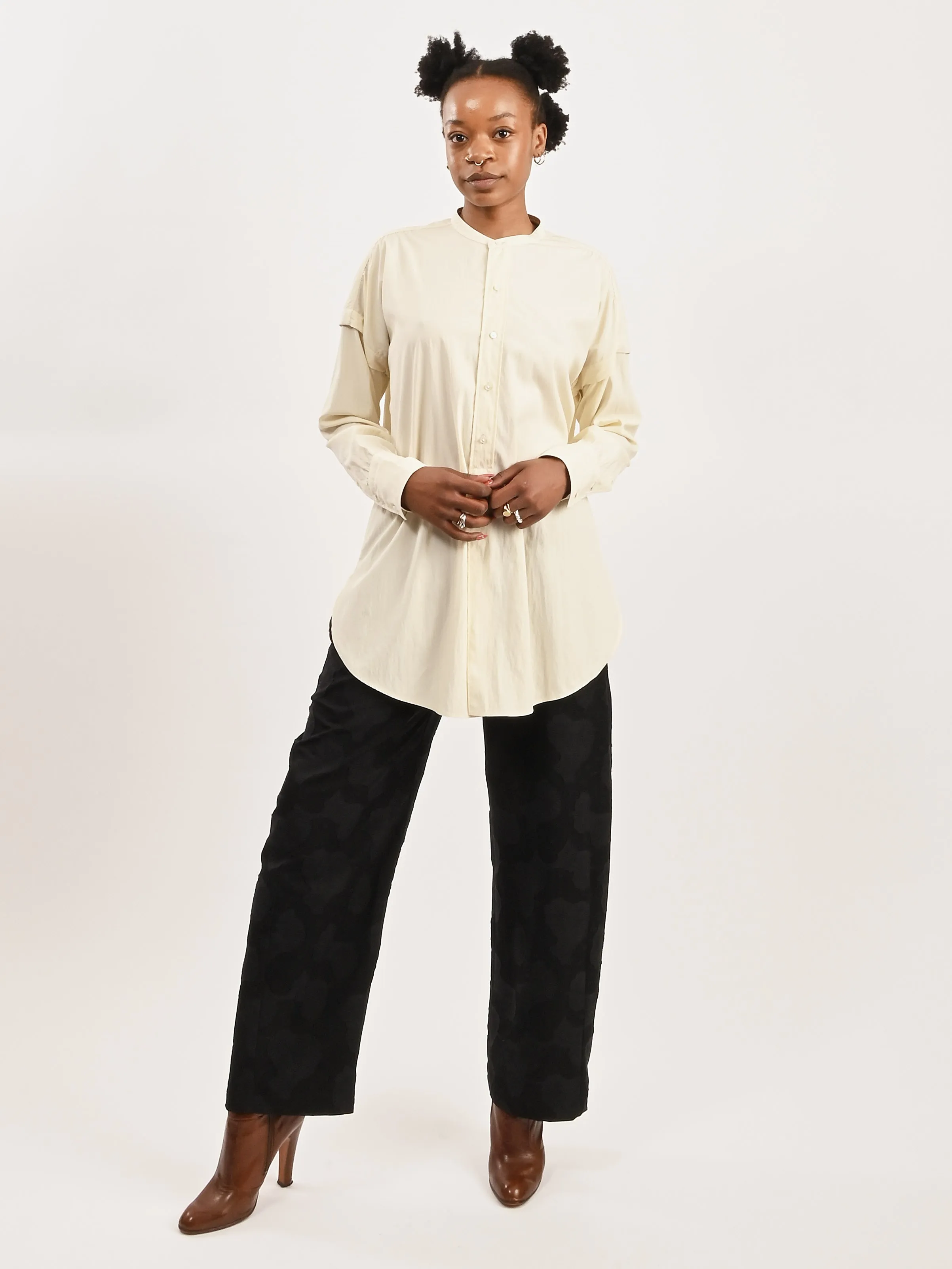 Creamy White Long Shirt w/ Half Placket sold by Frances May Houseline