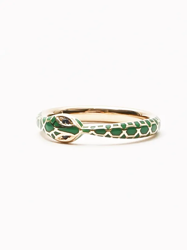 Green Enamel Ouroboros Ring W/Sapphire Eyes made by Kathryn Bentley