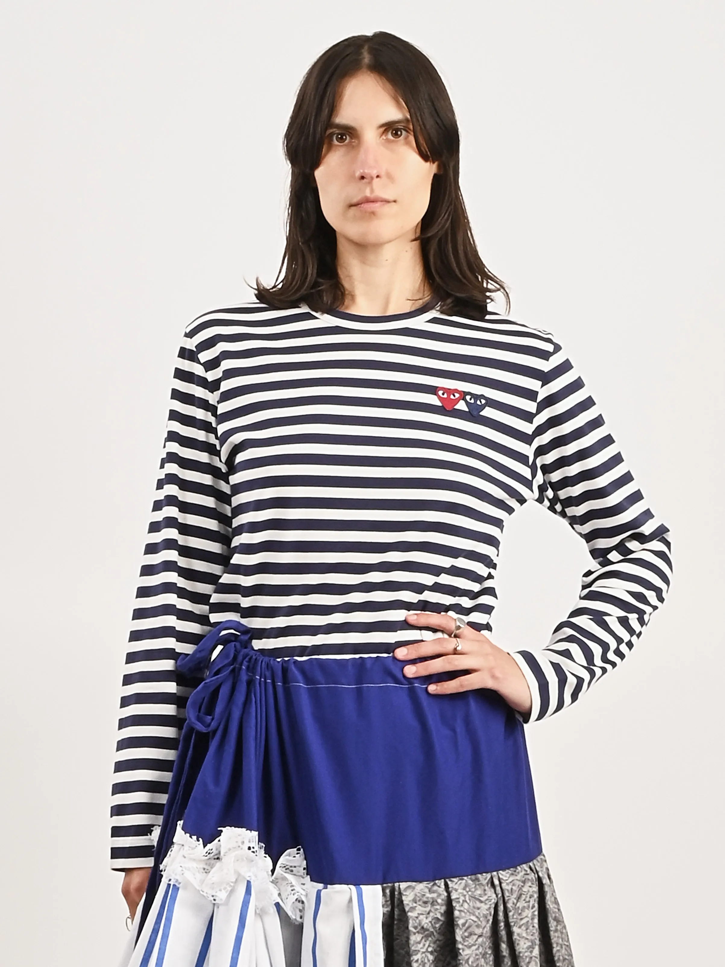 Navy/White Striped Double Heart L/S Tee sold by Frances May Houseline product image thumbnail 2