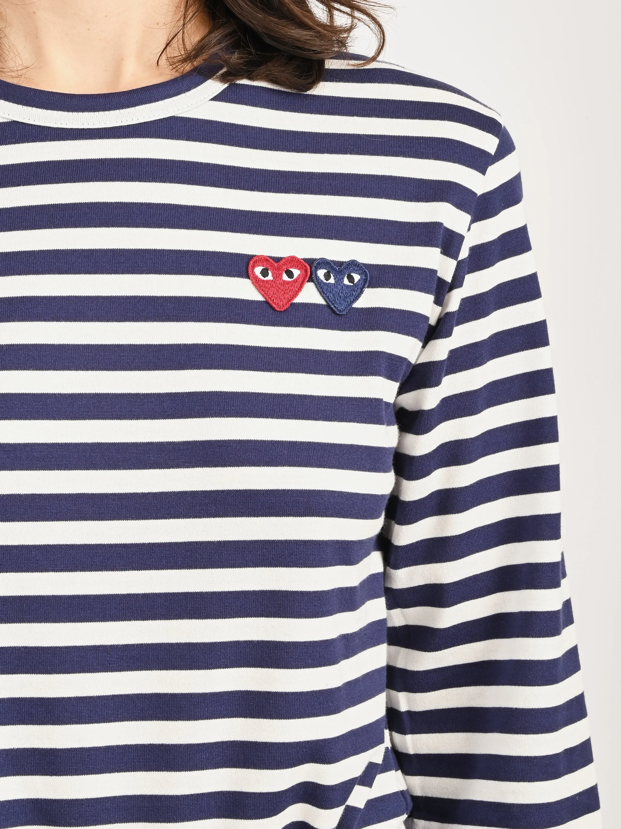 Navy/White Striped Double Heart L/S Tee sold by Frances May Houseline product image thumbnail 3