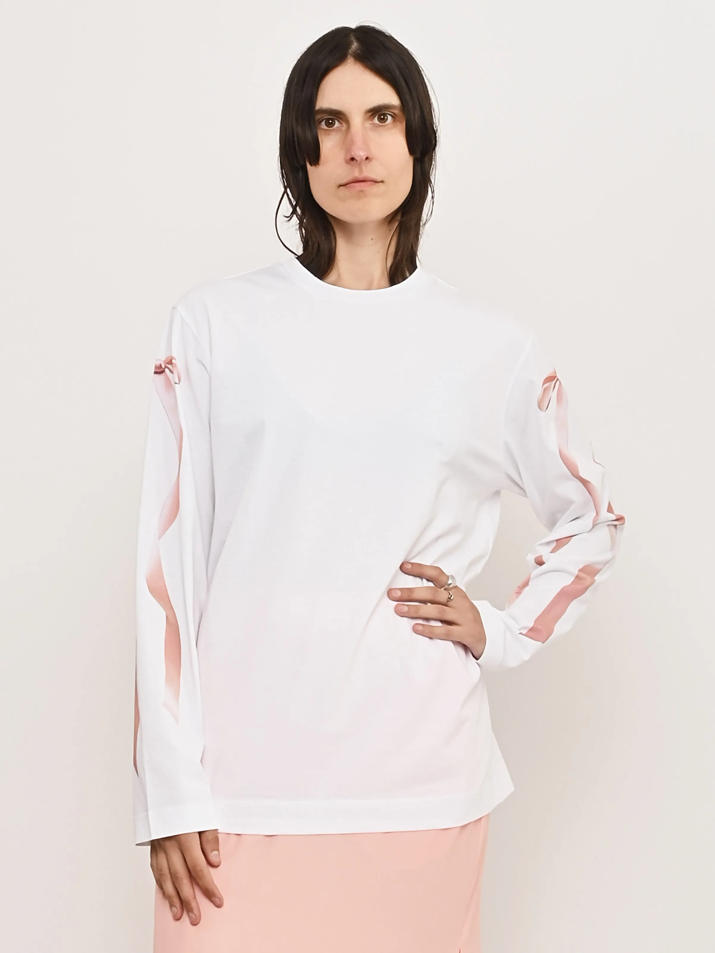 White/Pink Ribbon Bow Tail Print L/S T-Shirt sold by Frances May Houseline product image thumbnail 2