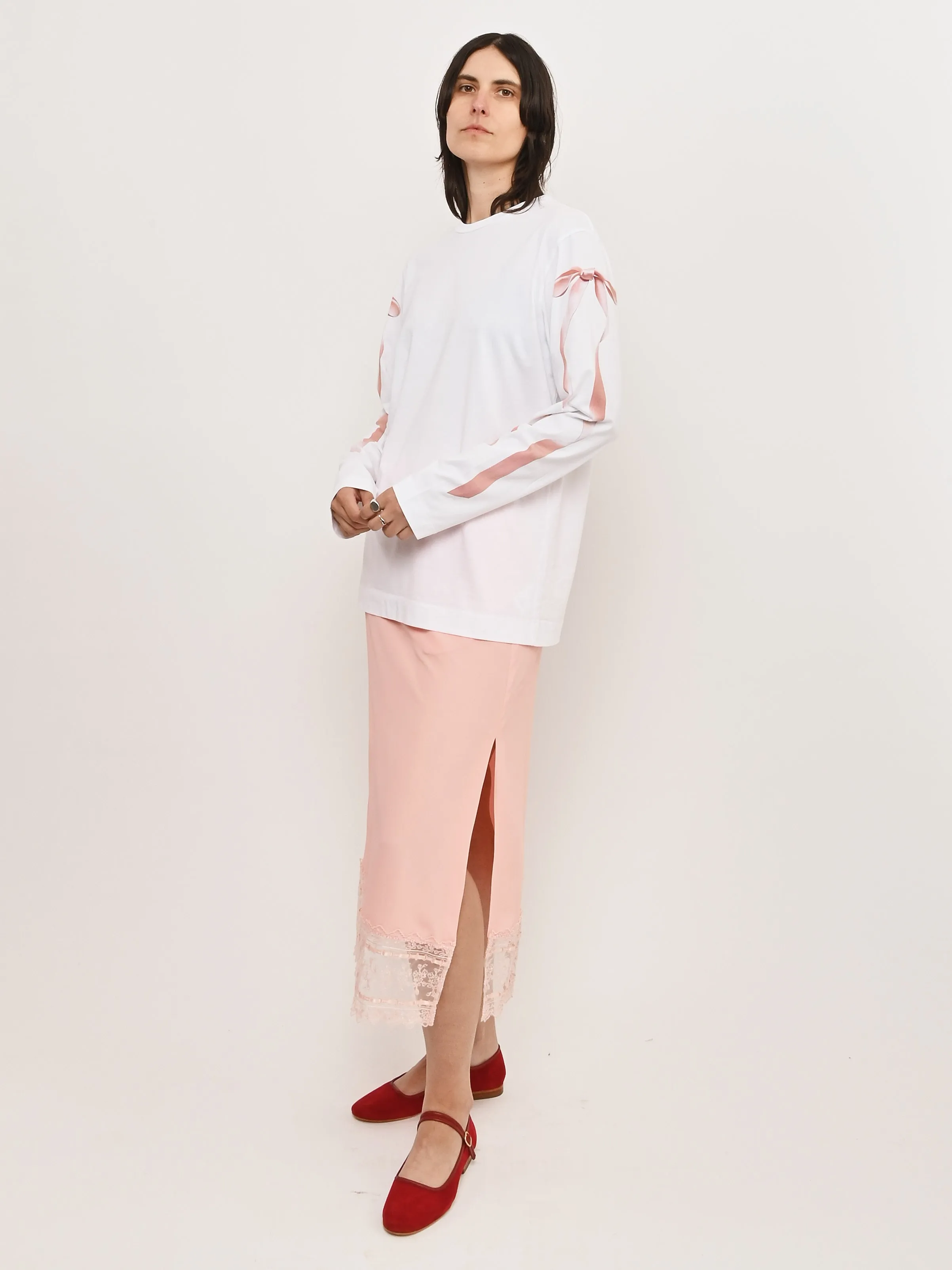 White/Pink Ribbon Bow Tail Print L/S T-Shirt sold by Frances May Houseline