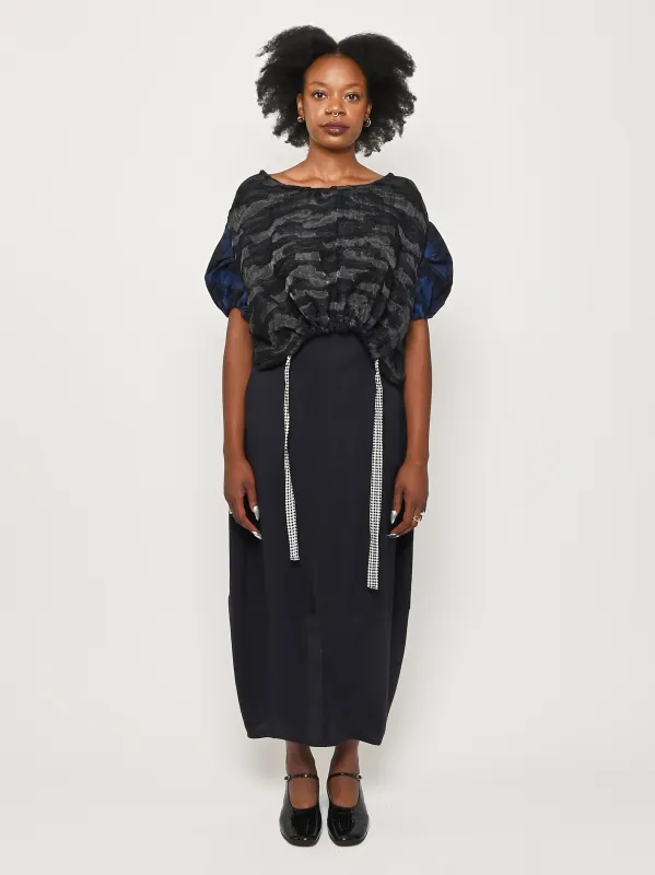 Iridescent Black/Blue/Houndstooth Puff Top sold by Frances May Houseline