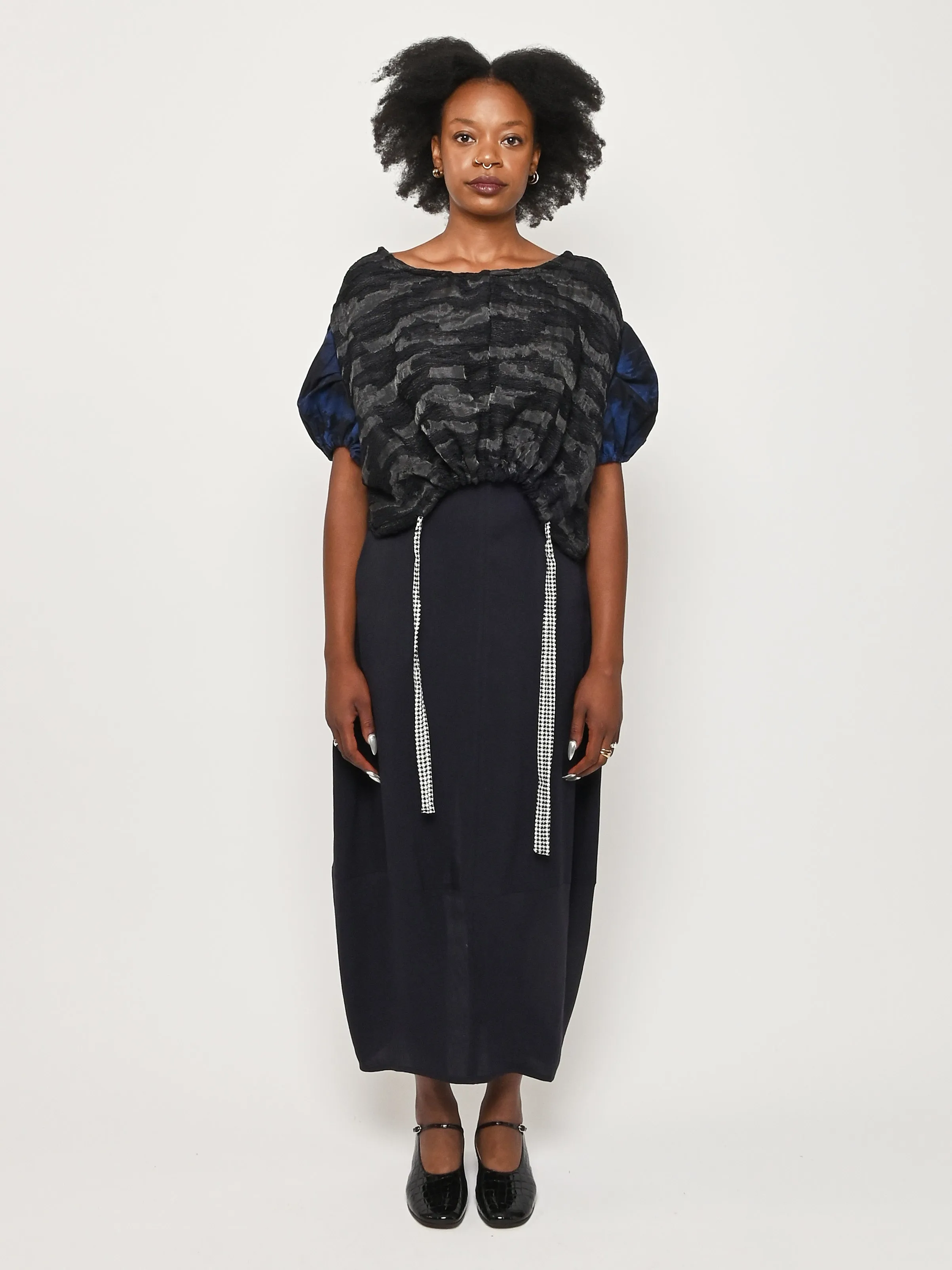 Iridescent Black/Blue/Houndstooth Puff Top sold by Frances May Houseline