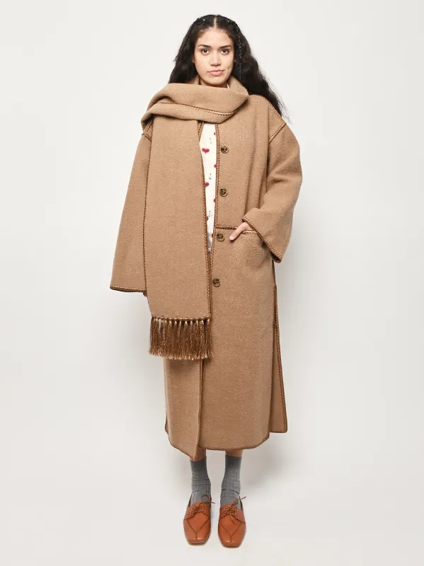 Camel Embroidered Scarf Coat sold by Frances May Houseline