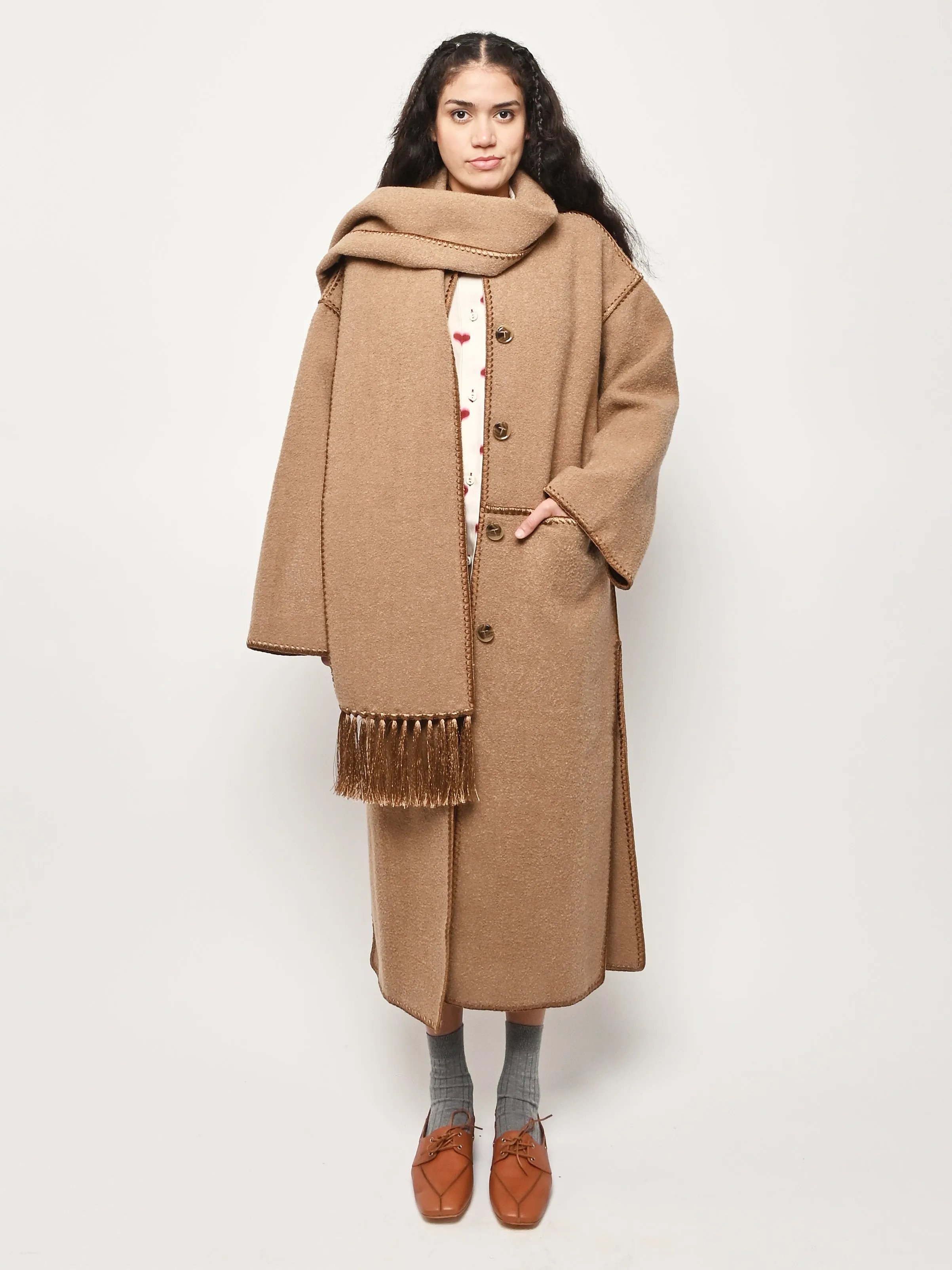 Camel Embroidered Scarf Coat sold by Frances May Houseline