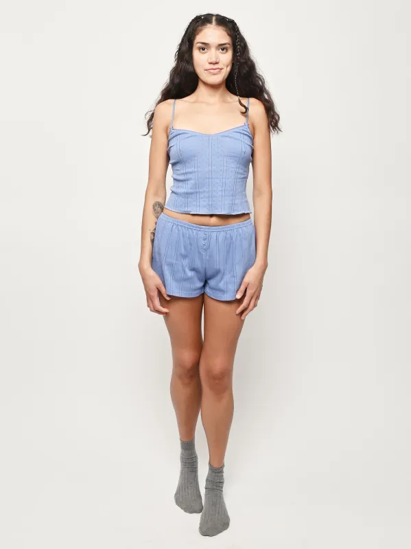 The Long Cami French Blue Pointelle sold by Frances May Houseline