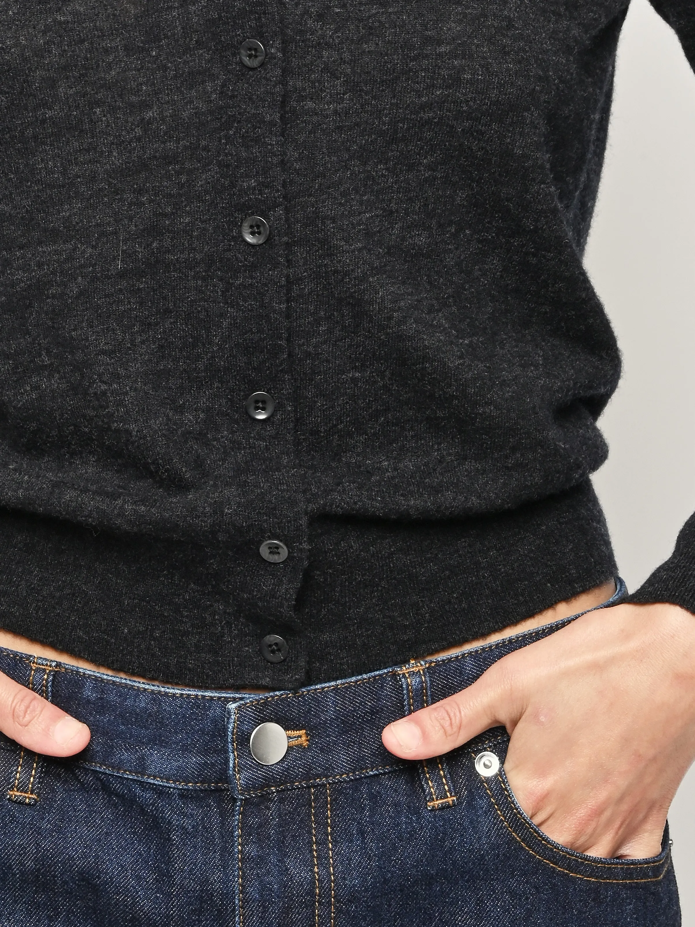 Charcoal Skinlike Mercerized Wool V-Neck Shrunken Cardigan sold by Frances May Houseline product image thumbnail 4