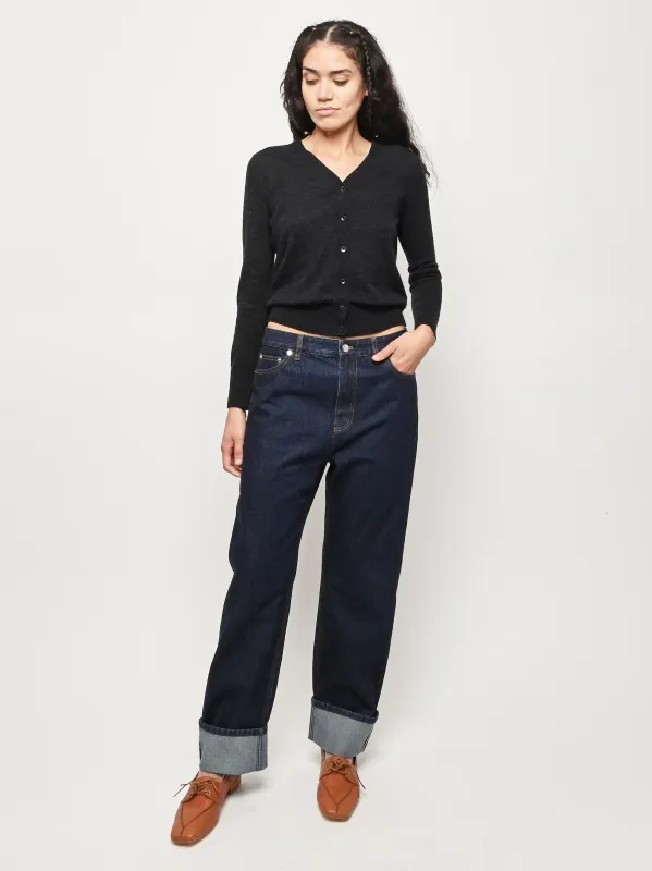 Charcoal Skinlike Mercerized Wool V-Neck Shrunken Cardigan sold by Frances May Houseline