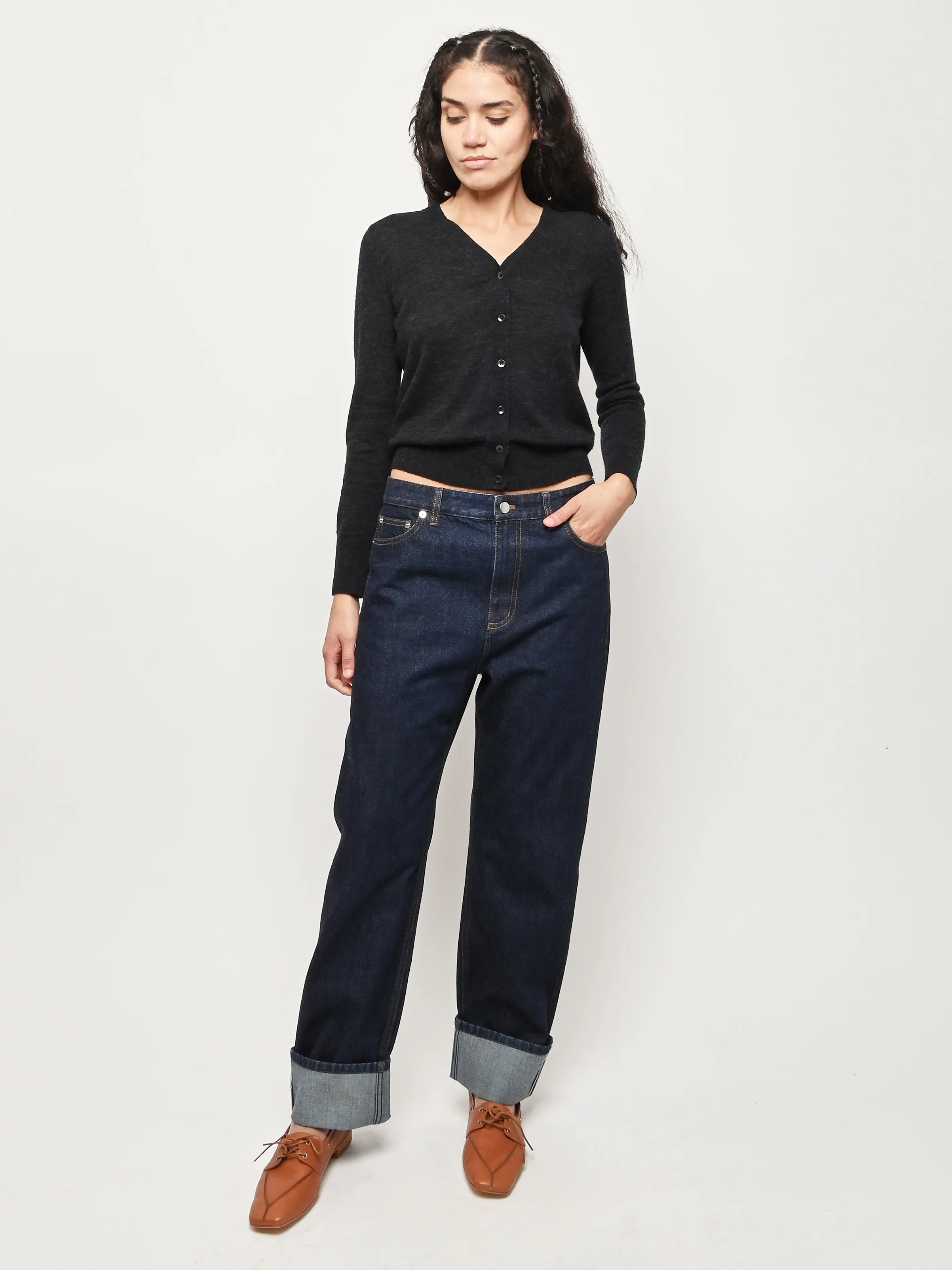 Charcoal Skinlike Mercerized Wool V-Neck Shrunken Cardigan sold by Frances May Houseline