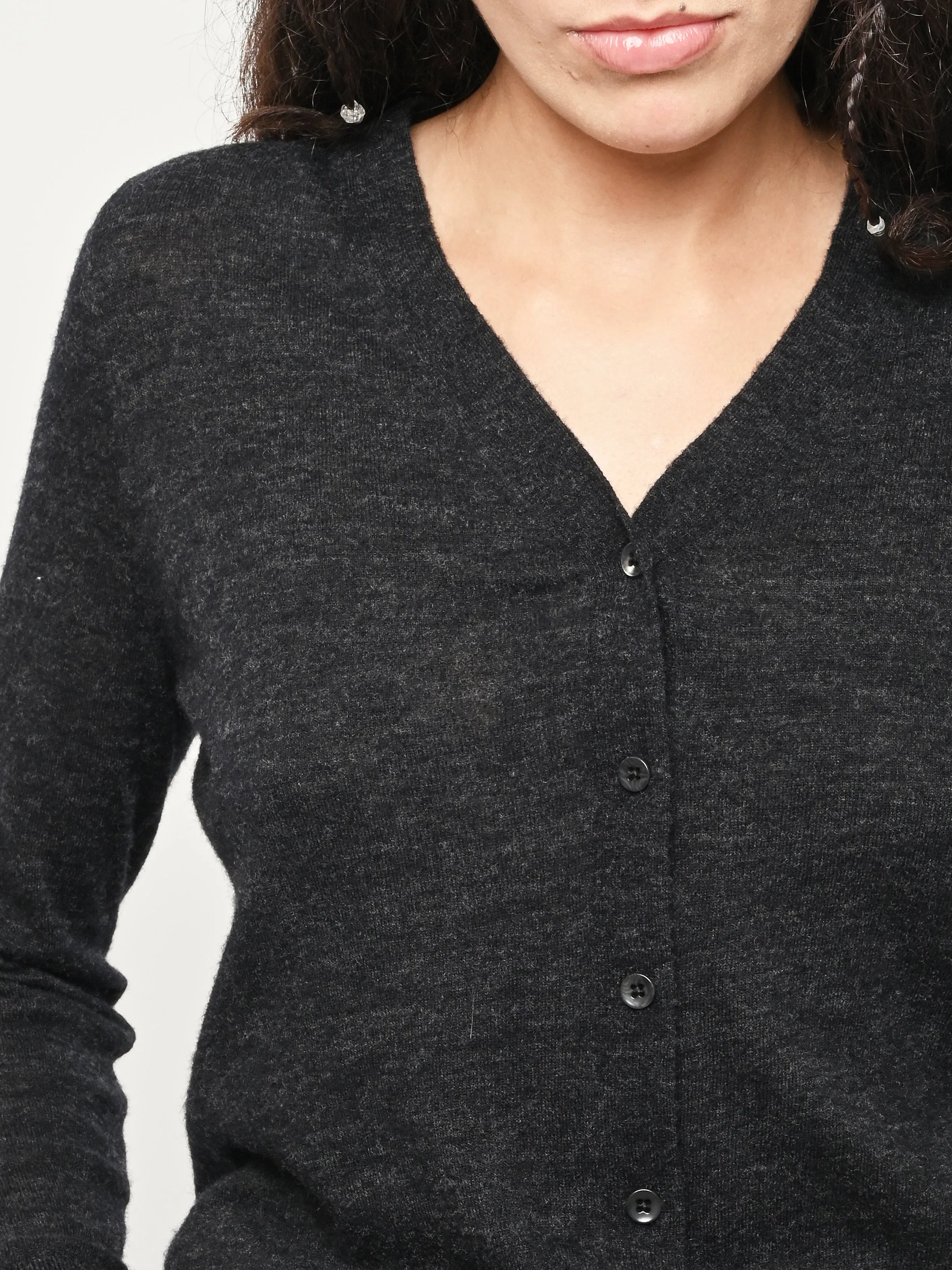 Charcoal Skinlike Mercerized Wool V-Neck Shrunken Cardigan sold by Frances May Houseline product image thumbnail 3