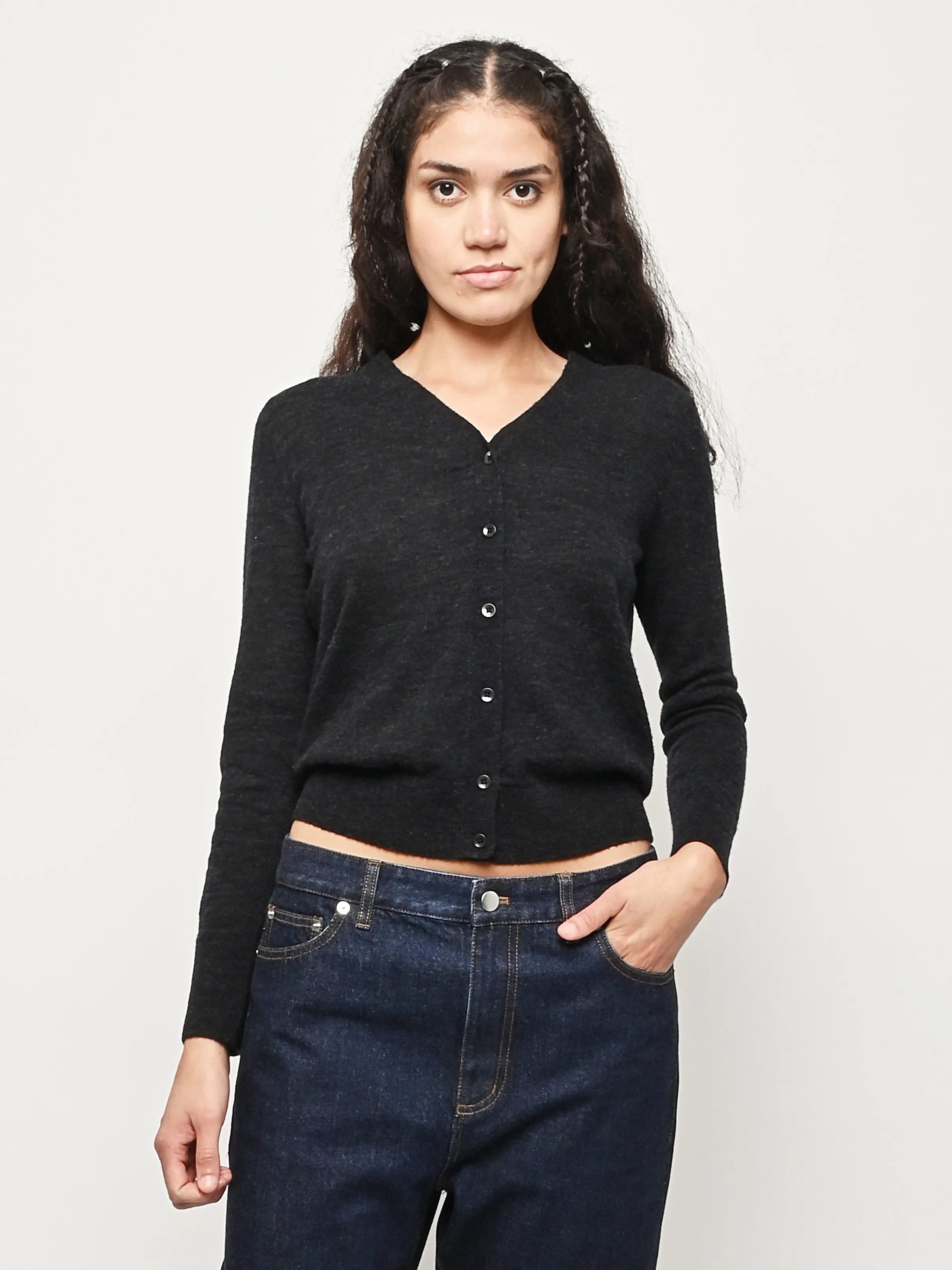 Charcoal Skinlike Mercerized Wool V-Neck Shrunken Cardigan sold by Frances May Houseline product image thumbnail 2