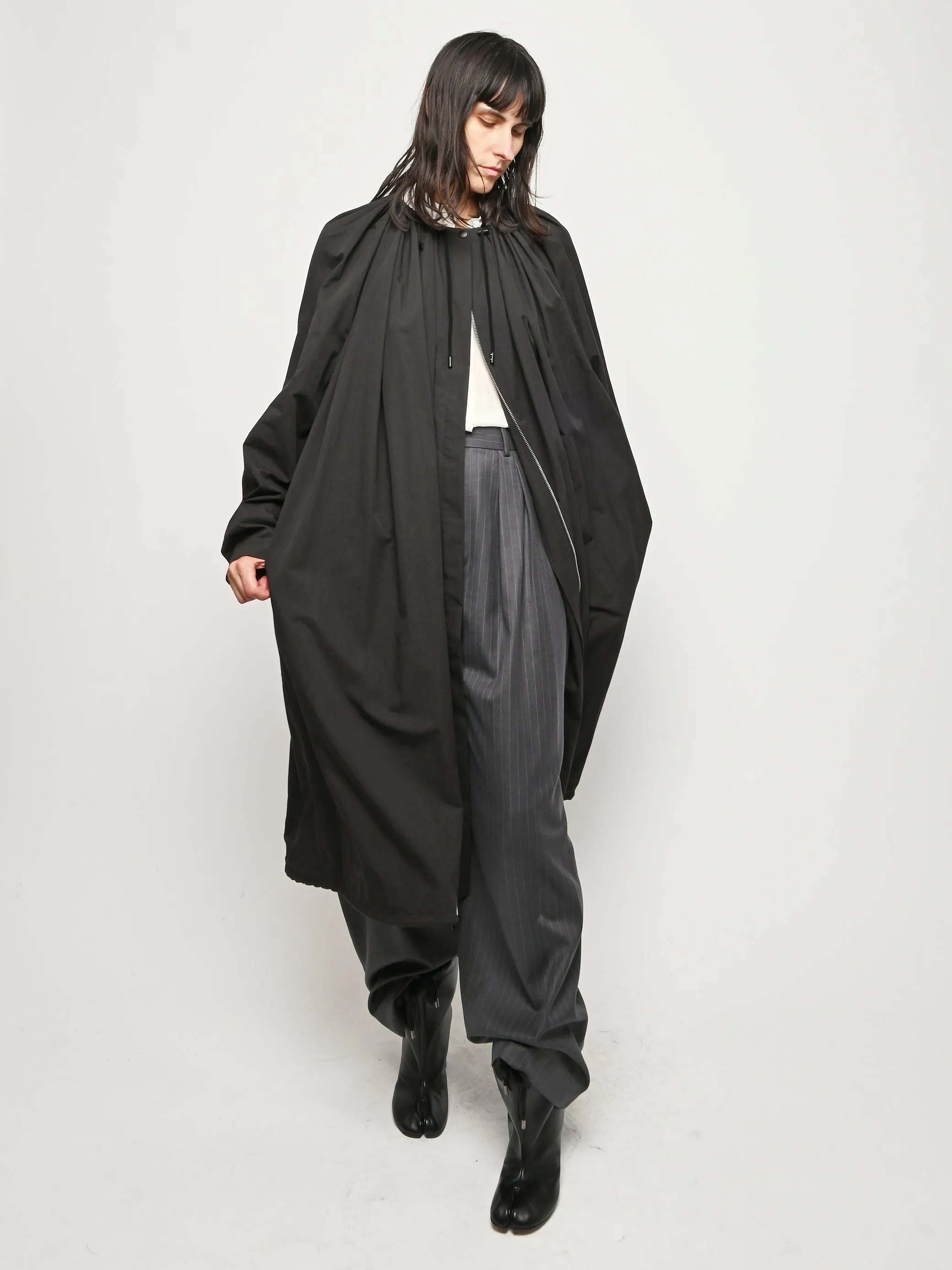 Black Gathered Parachute Coat sold by Frances May Houseline