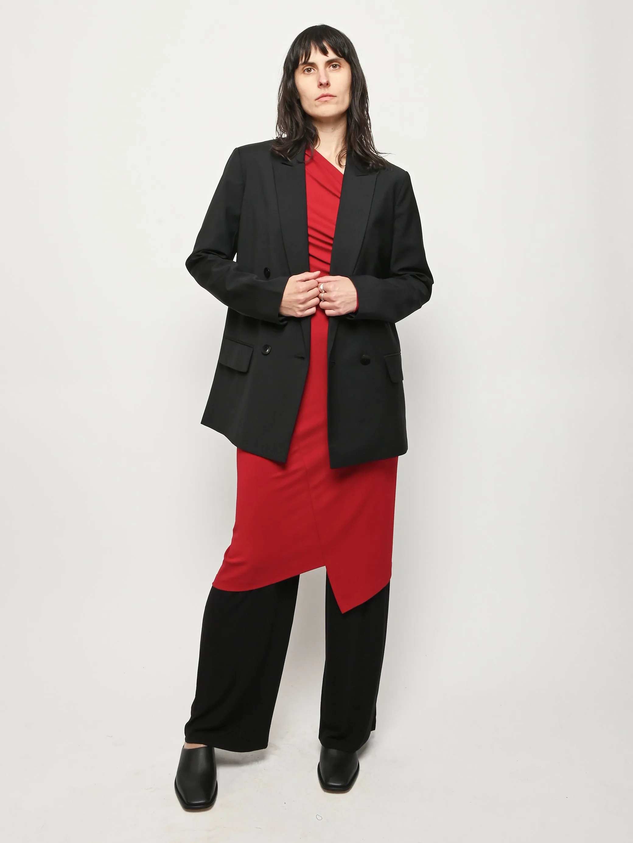 Black Recycled Tropical Wool Blazer W/Back Belt sold by Frances May Houseline
