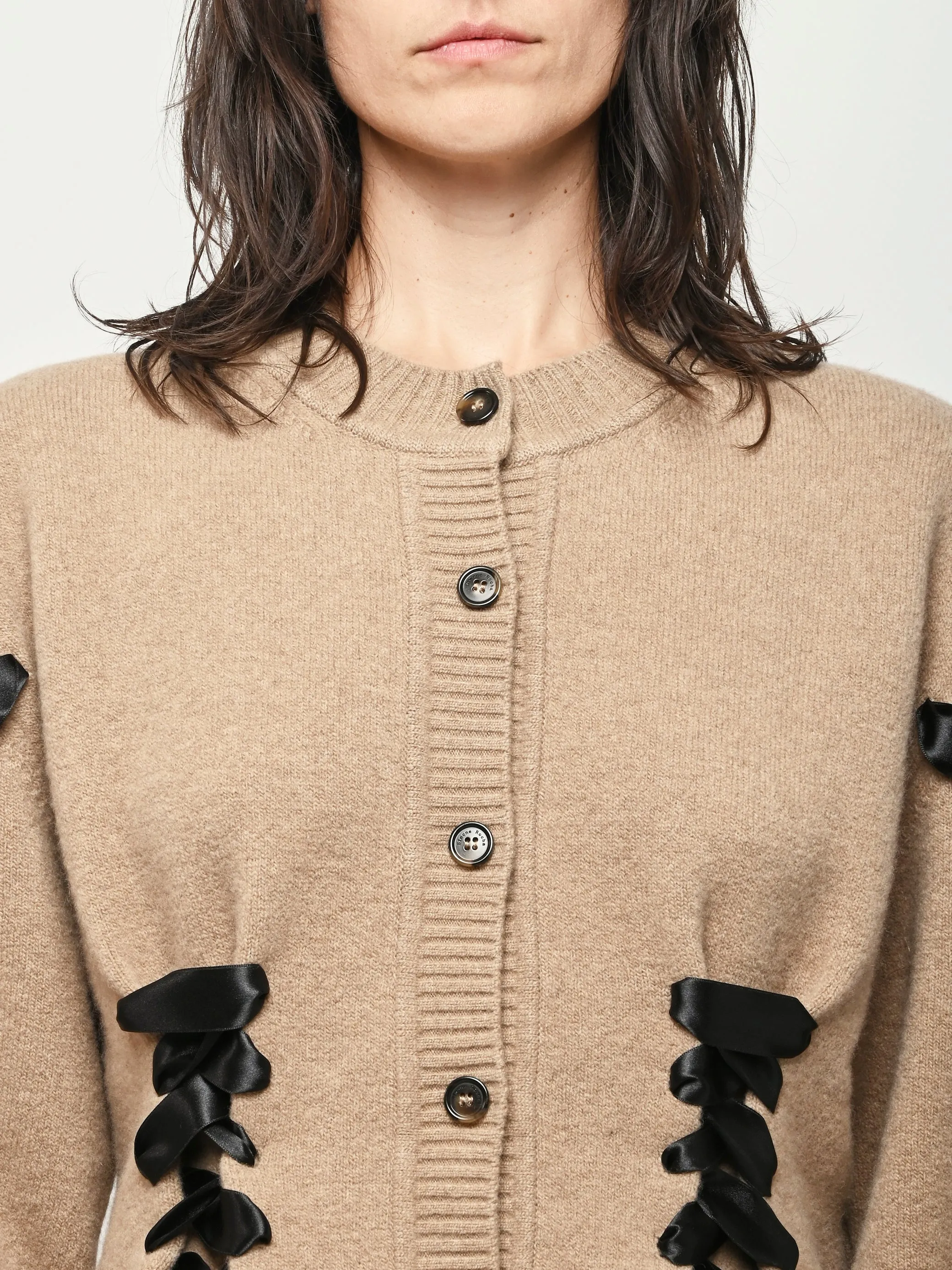 Camel Sculpted Ribbon Corset Detail Cardigan sold by Frances May Houseline product image thumbnail 3