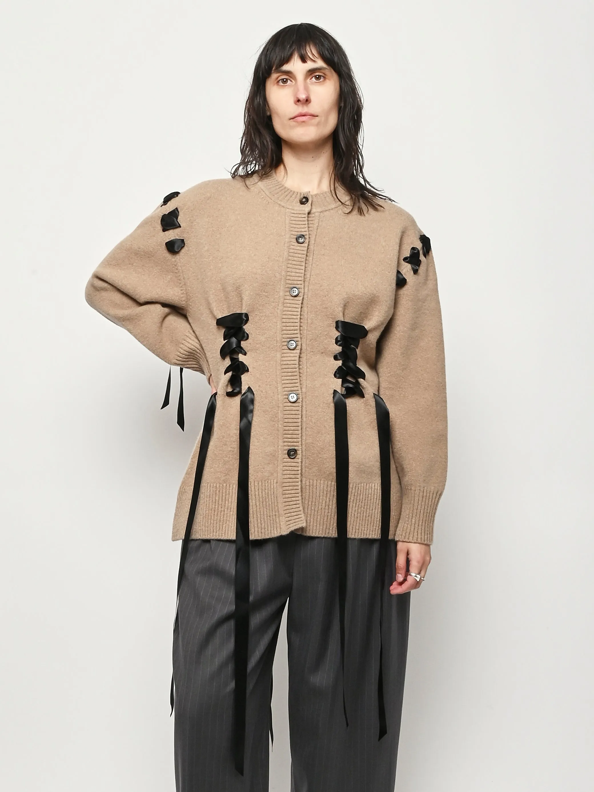 Camel Sculpted Ribbon Corset Detail Cardigan sold by Frances May Houseline product image thumbnail 2