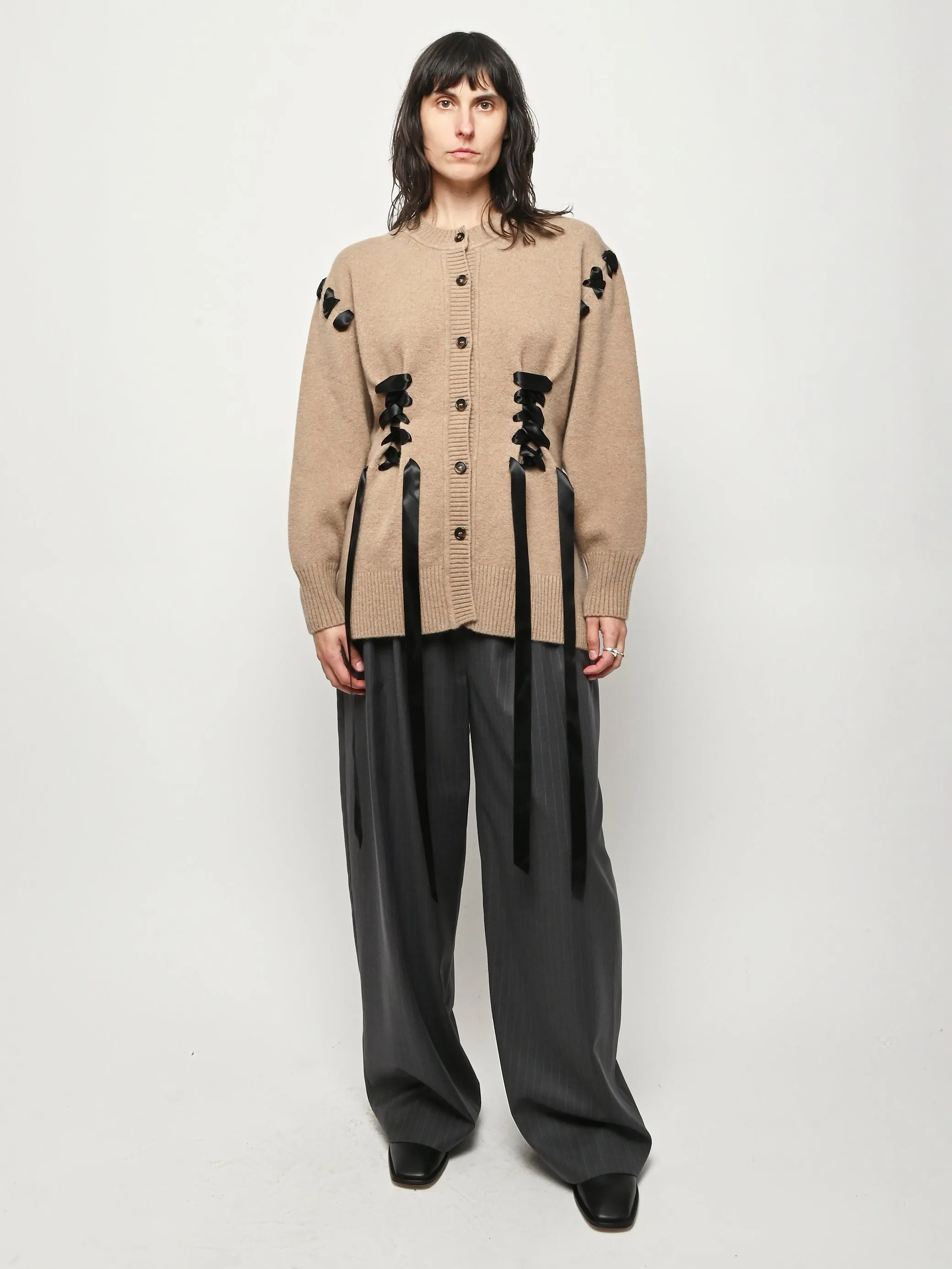 Camel Sculpted Ribbon Corset Detail Cardigan sold by Frances May Houseline