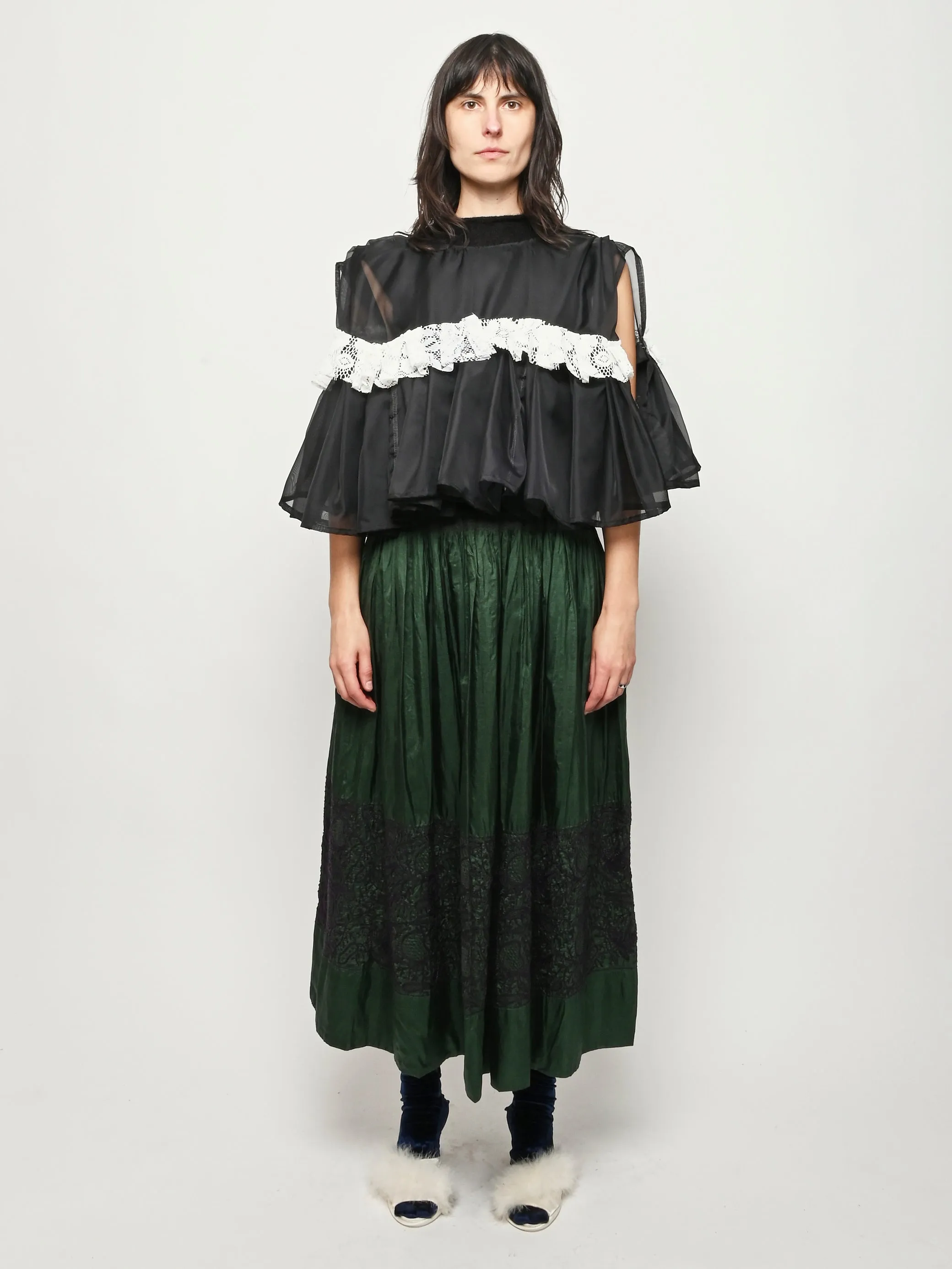 Black/White Sheer Ruffled Top sold by Frances May Houseline