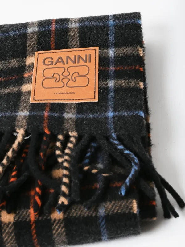 Charcoal Grey Double Face Wool Check Scarf made by Ganni