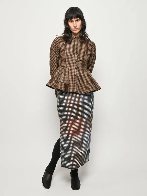 Tobacco Brown Crinkled Taffeta Check Peplum Shirt made by Ganni