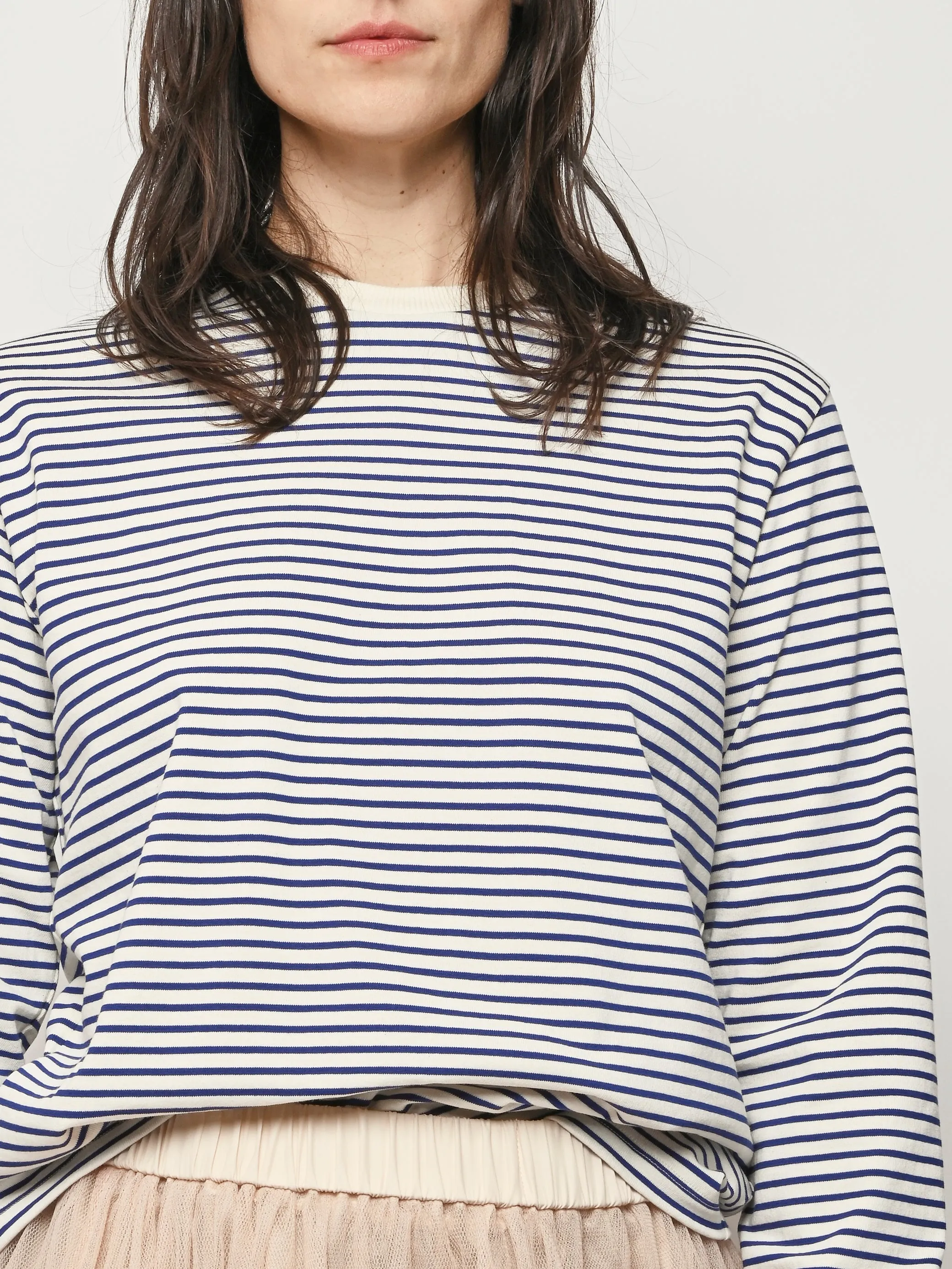 Blue/White Striped Perfect T Crewneck Unisex L/S Tee sold by Frances May Houseline product image thumbnail 3