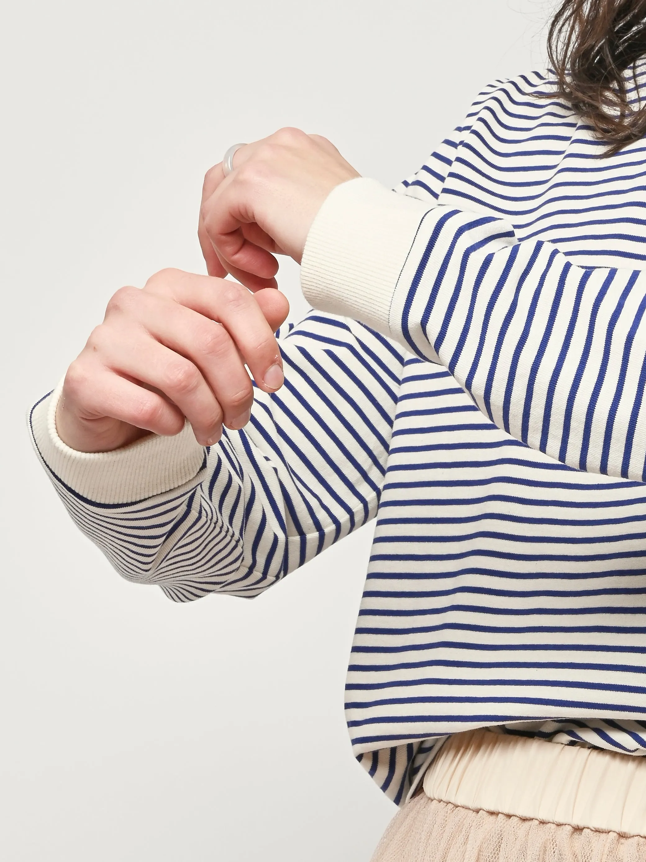 Blue/White Striped Perfect T Crewneck Unisex L/S Tee sold by Frances May Houseline product image thumbnail 4