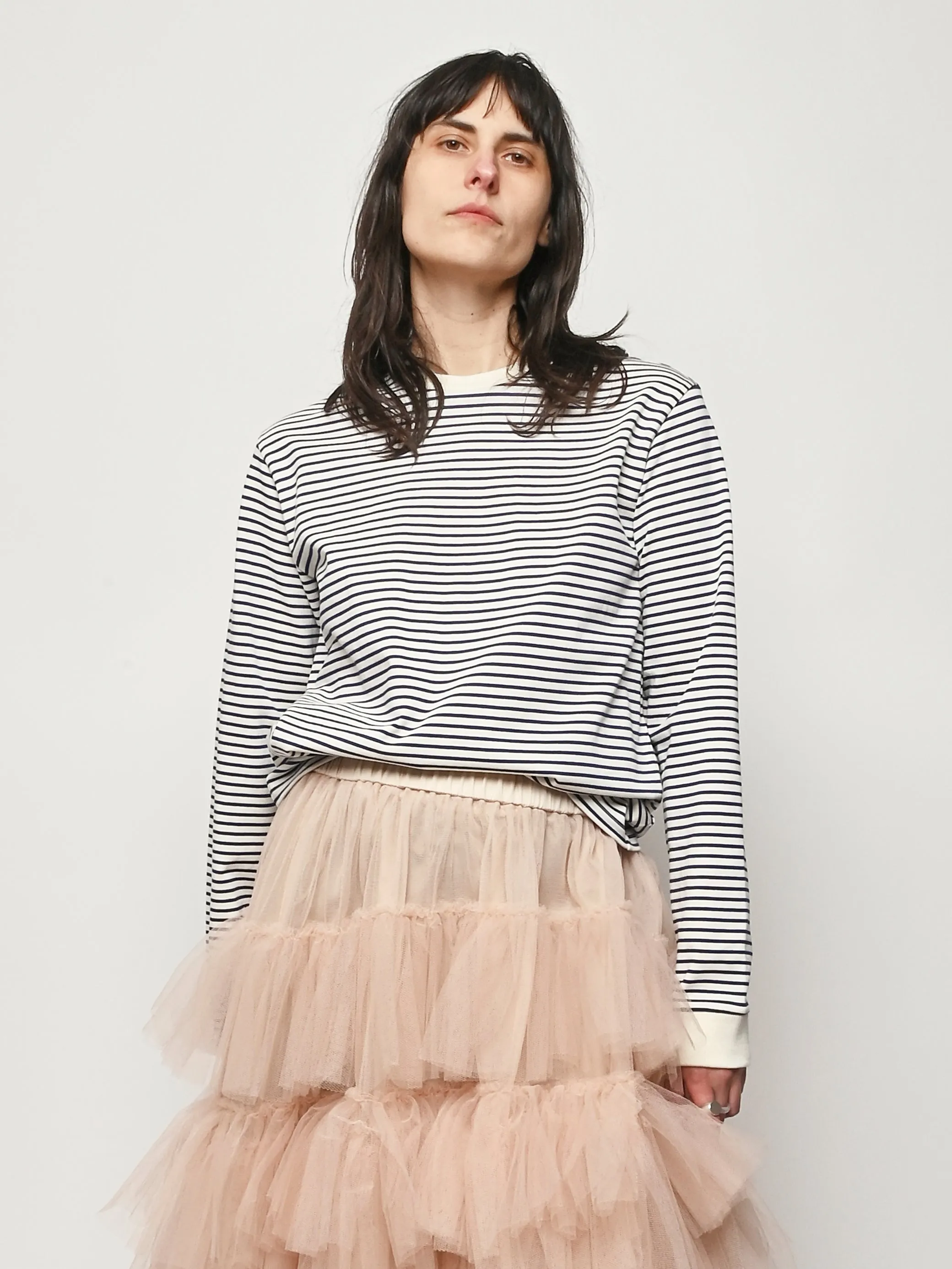 Blue/White Striped Perfect T Crewneck Unisex L/S Tee sold by Frances May Houseline product image thumbnail 2