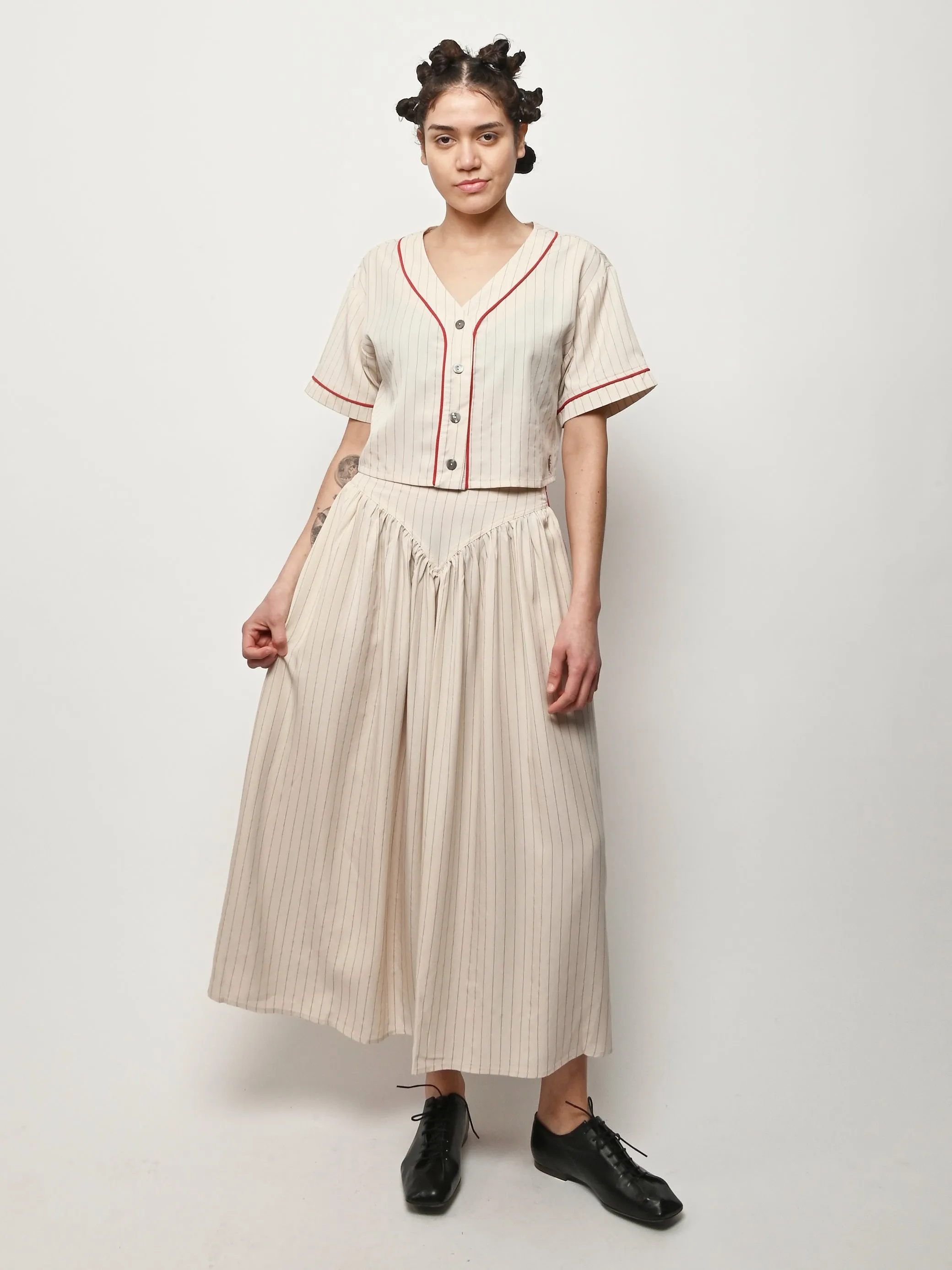 Baseball Stripe Tencel Skirt sold by Frances May Houseline