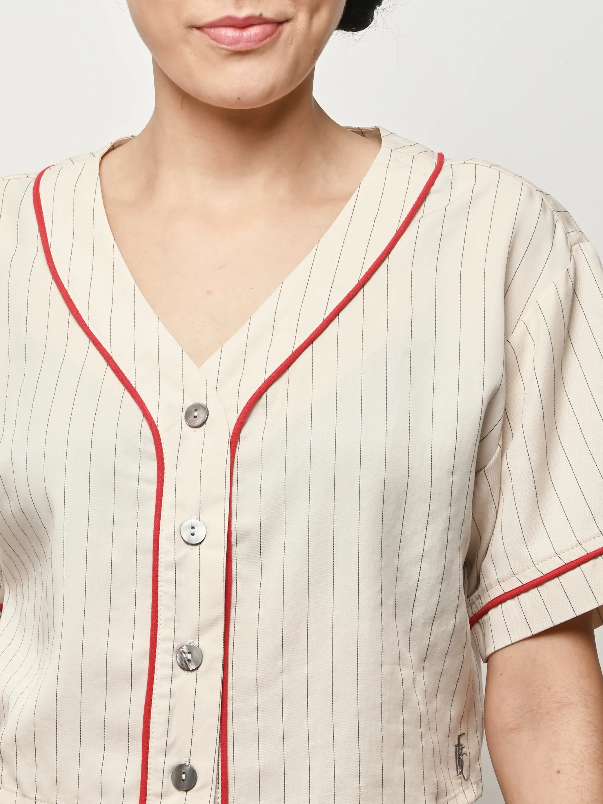 Baseball Stripe Tencel Crop Shirt sold by Frances May Houseline product image thumbnail 3